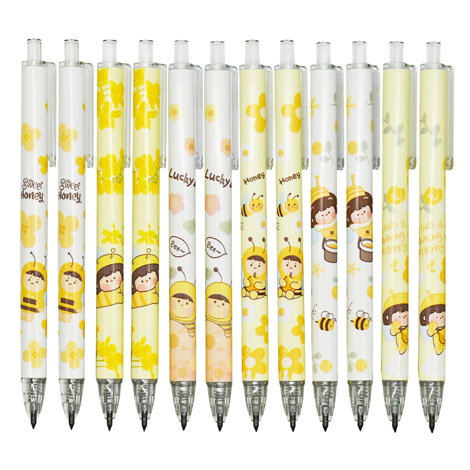 Maydahui 12 Pcs Cartoon Bee Eternal Pencils Retractable Hb 0.5 Mm Lucky Bee Print Everlasting Pencil Honey Umlimited Writing Pen