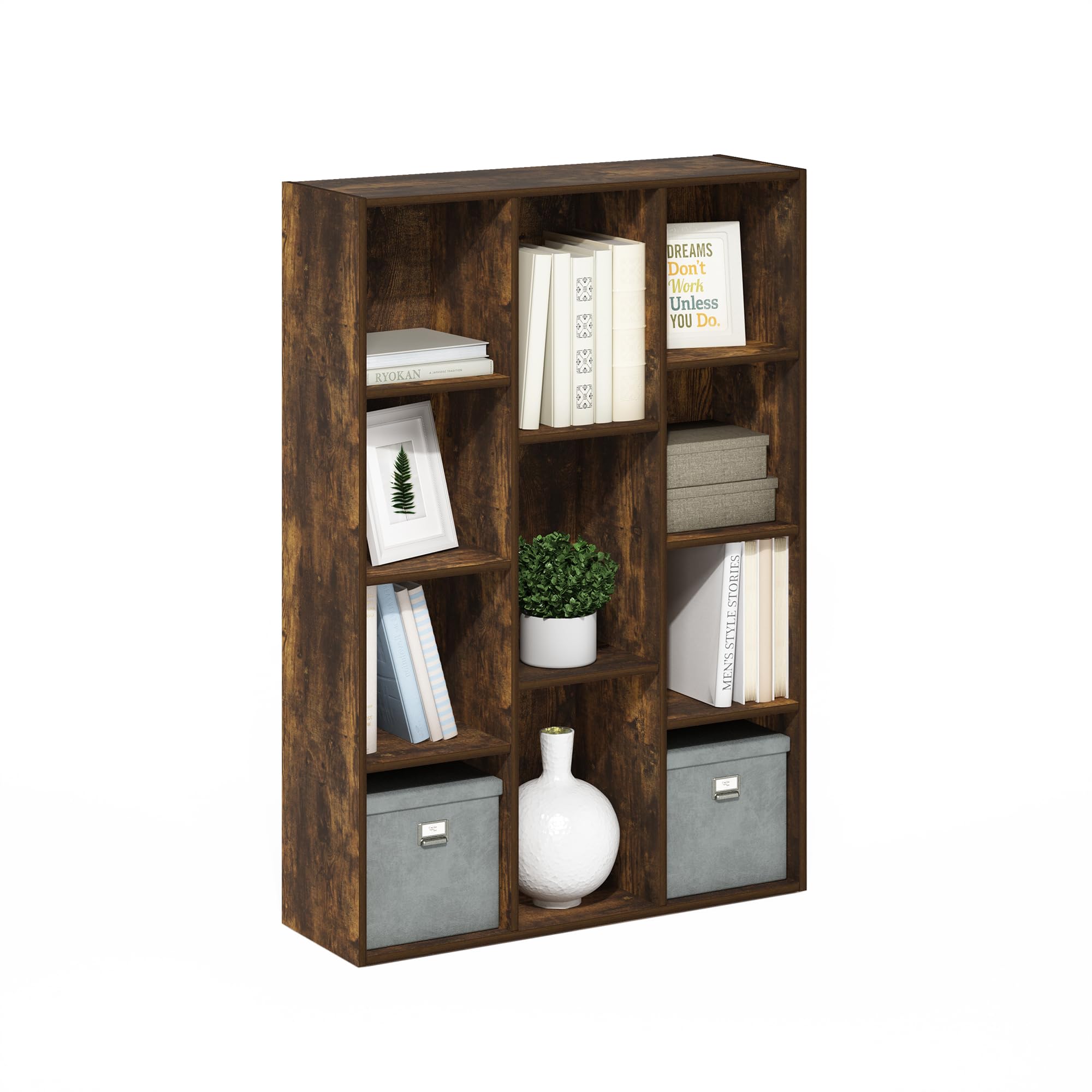 Furinno Luder 11-Cube Reversible Open Shelf Bookcase, Amber Pine