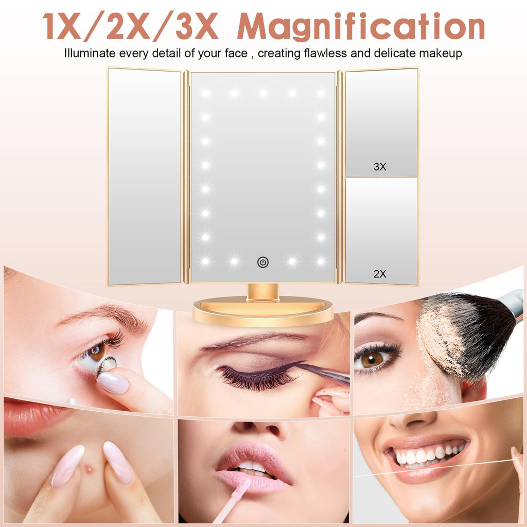Weily Lighted Vanity Makeup Mirror 1X/2X/3X Magnification Trifold With 36 Led Lights Touch Screen And Usb Charging, 180 Degree Adjustable Stand For Countertop Cosmetic Makeup Mirror(Gold)