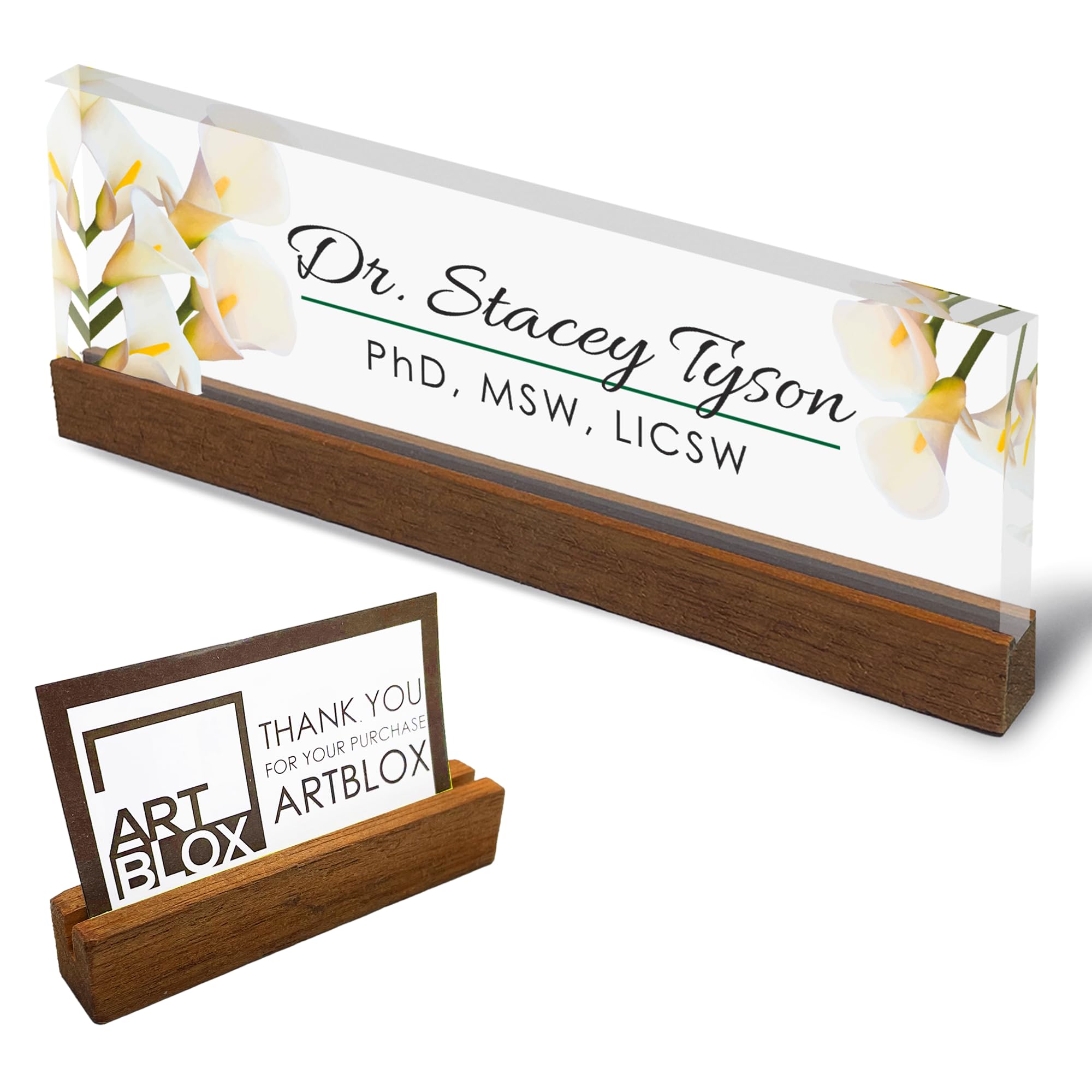 Artblox Personalized Office Desk Name Plate And Business Card Holder | Clear Acrylic Glass With Teak Wood Stand | Calla Flowers