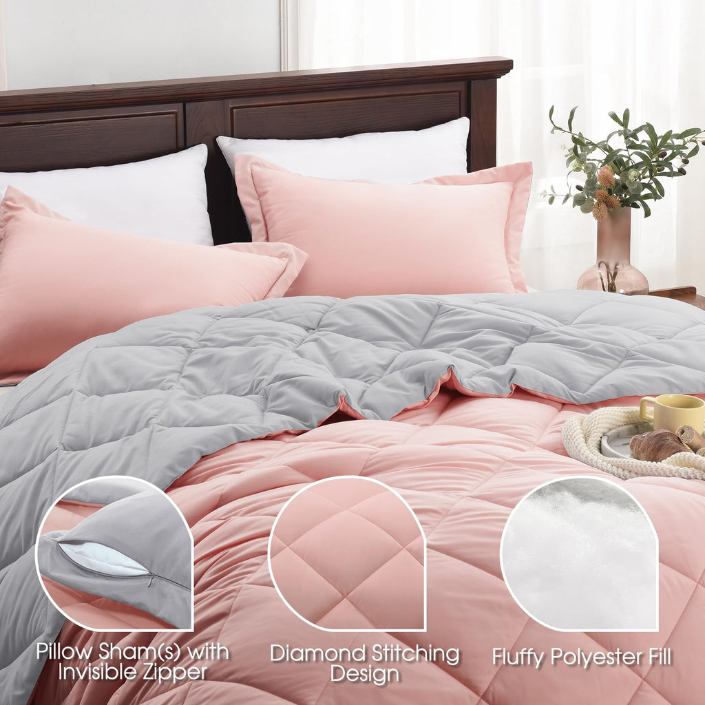 Basic Beyond Twin Comforter Set - Pink Twin Comforter Set, Reversible Twin Bed Comforter Set For All Seasons, Baby Pink/Grey, 1 Comforter (66'X92') And 1 Pillow Sham (20'X26'+2')