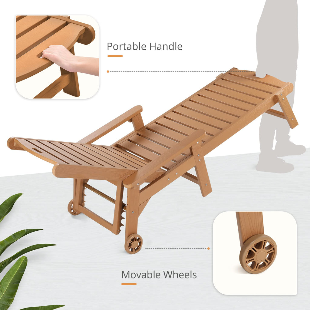 Lue Bona Outdoor Chaise Lounge, Hdps Material, 3-Year Warranty, Patio Lounge Chair With Adjustable Backrest, Resin Pool Lounge Chairs With Wheels For Outside, Poolside, Backyard, Garden, Teak Color