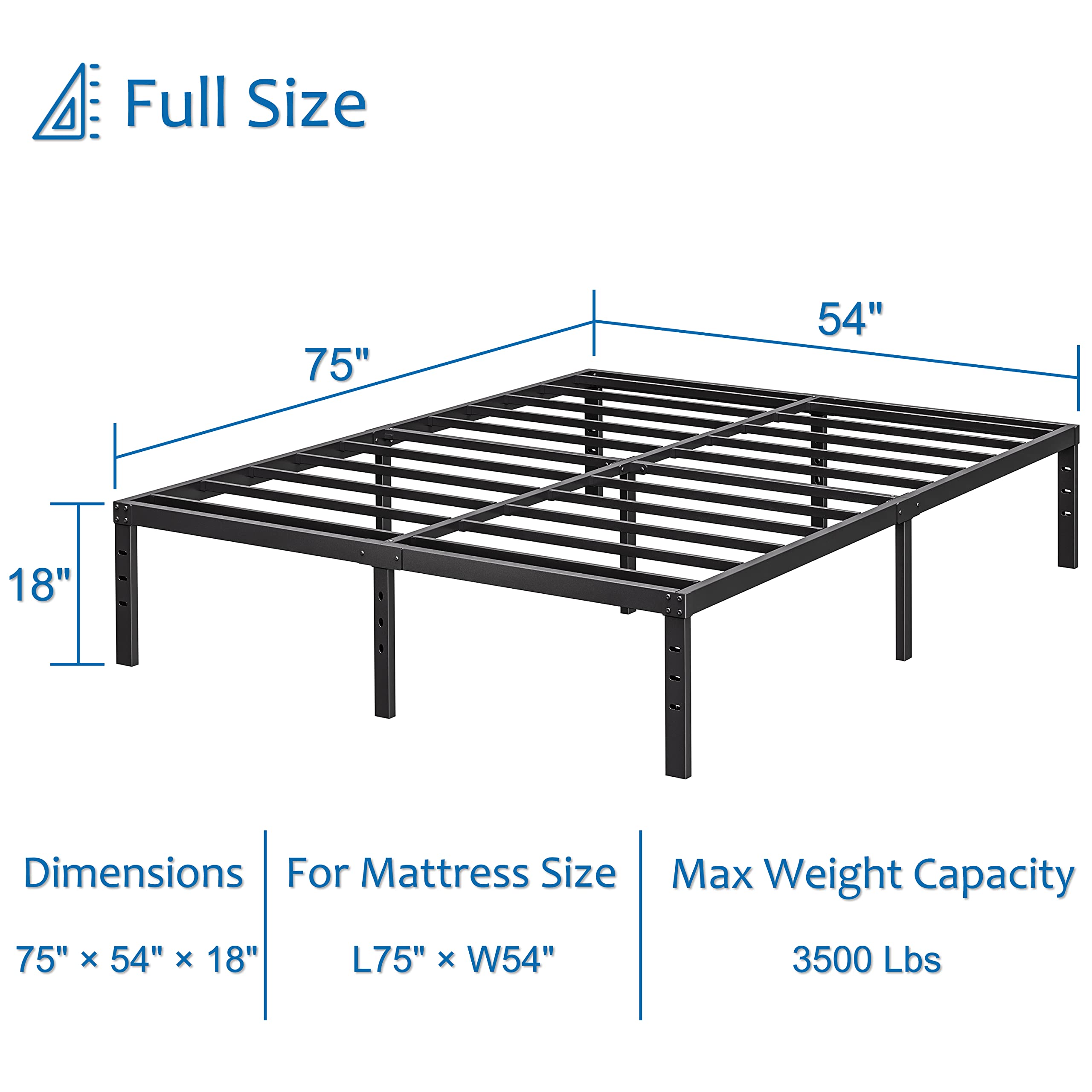 COMASACH Full Size Metal Platform Bed Frame, 18 Tall, Black, Heavy Duty, Supports 3500lbs, No Box Spring Needed, Easy Assembly