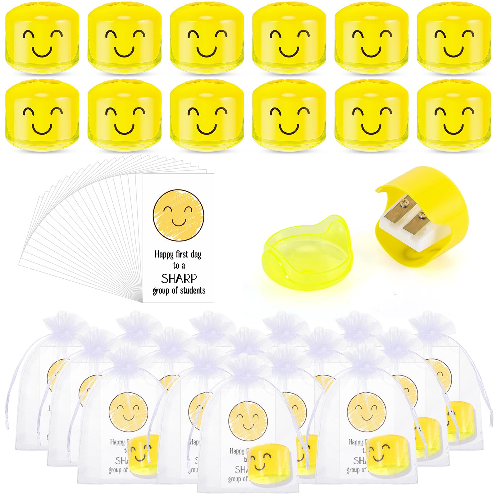 Maitys 50 Sets First Day Of School Gifts Smile Face Pencil Sharpeners Crayon Sharpener First Day Of School Card Organza Bag For