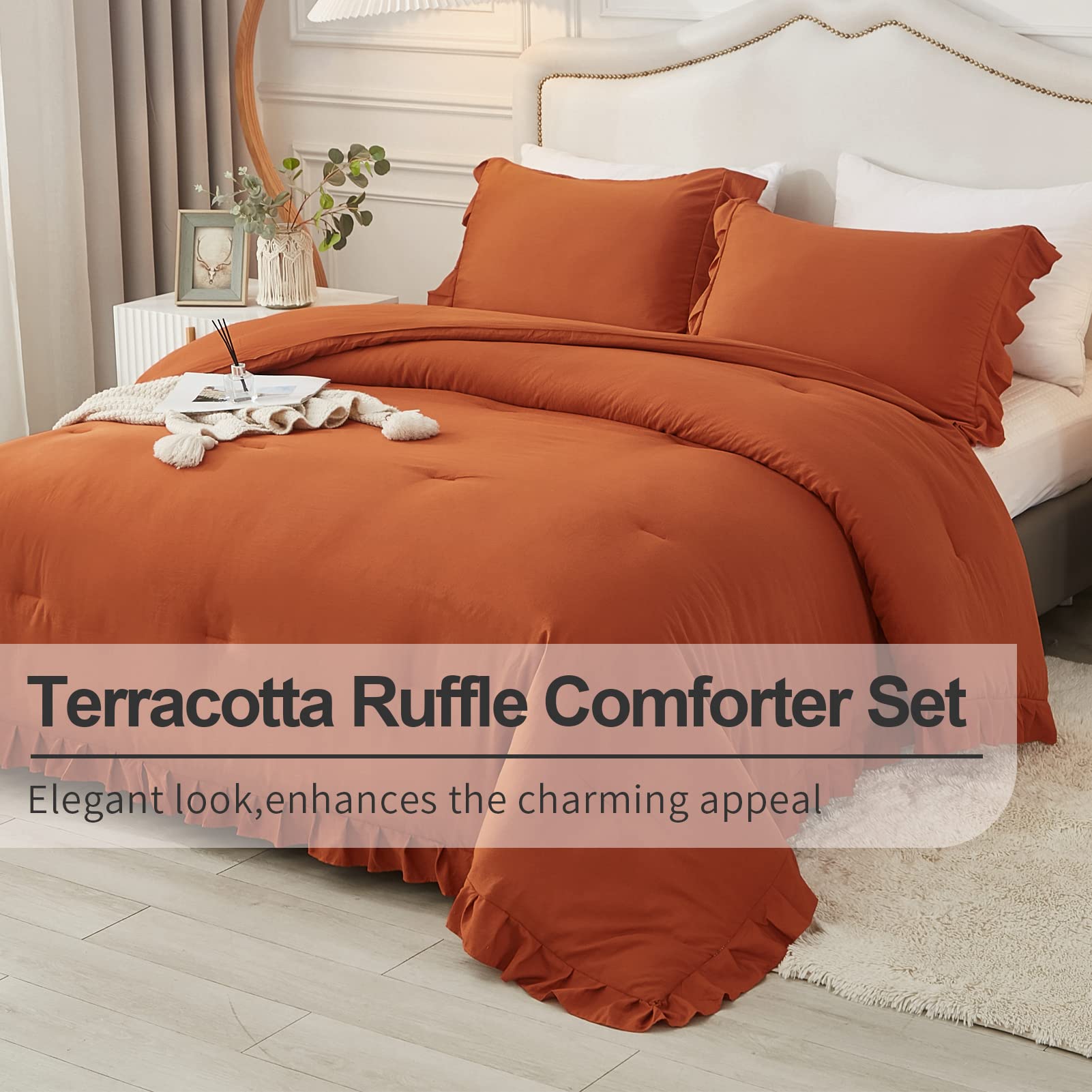 Andency Burnt Orange Twin Size Comforter Set, 2 Pieces Terracotta Ruffle Shabby Chic Bedding Comforters & Sets For Kids Grils, All Season Soft Lightweight Down Alternative Bed Blanket Set