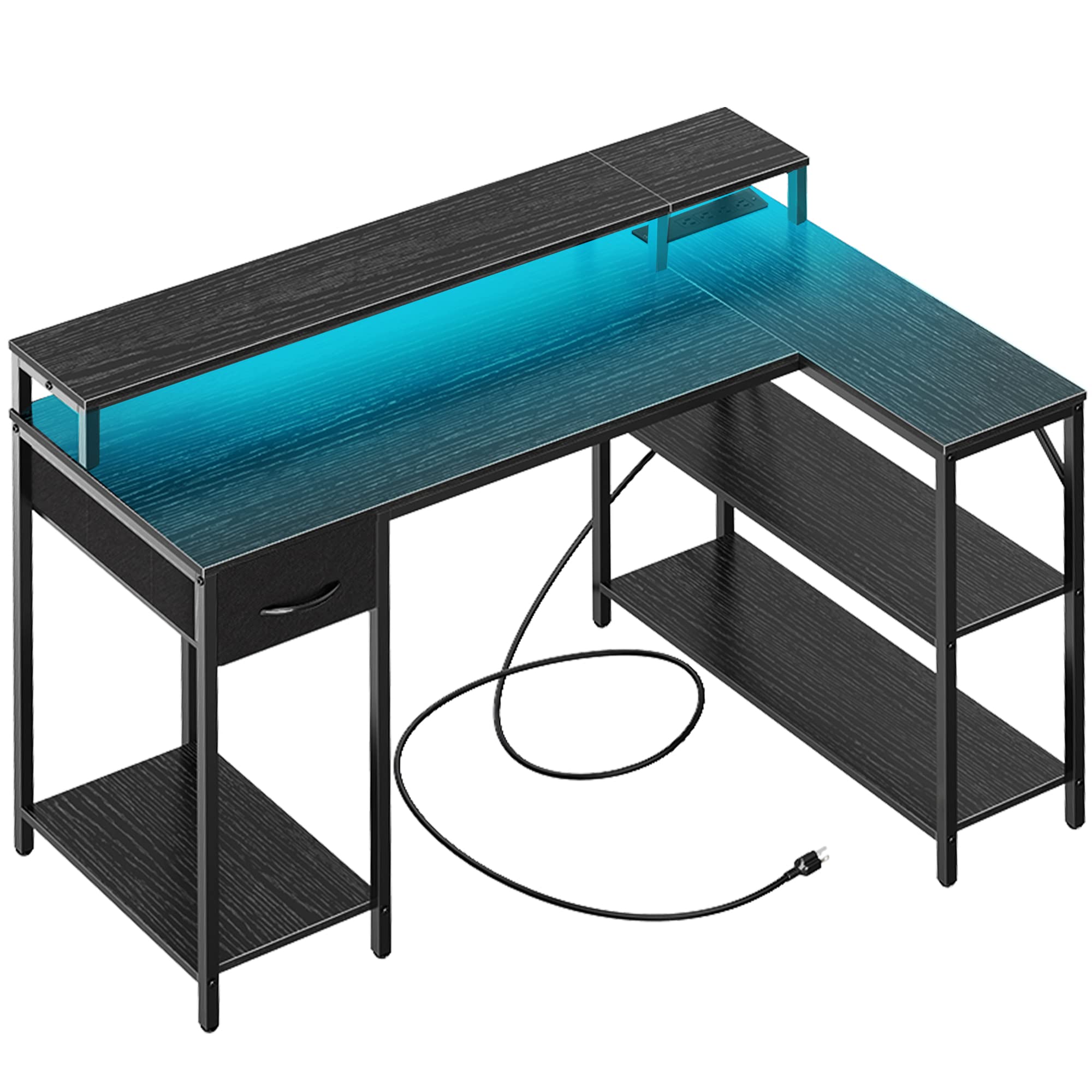 Superjare L Shaped Gaming Desk With Led Lights & Power Outlets, Reversible Computer Desk With Shelves & Drawer, Corner Desk Home Office Desk, Black