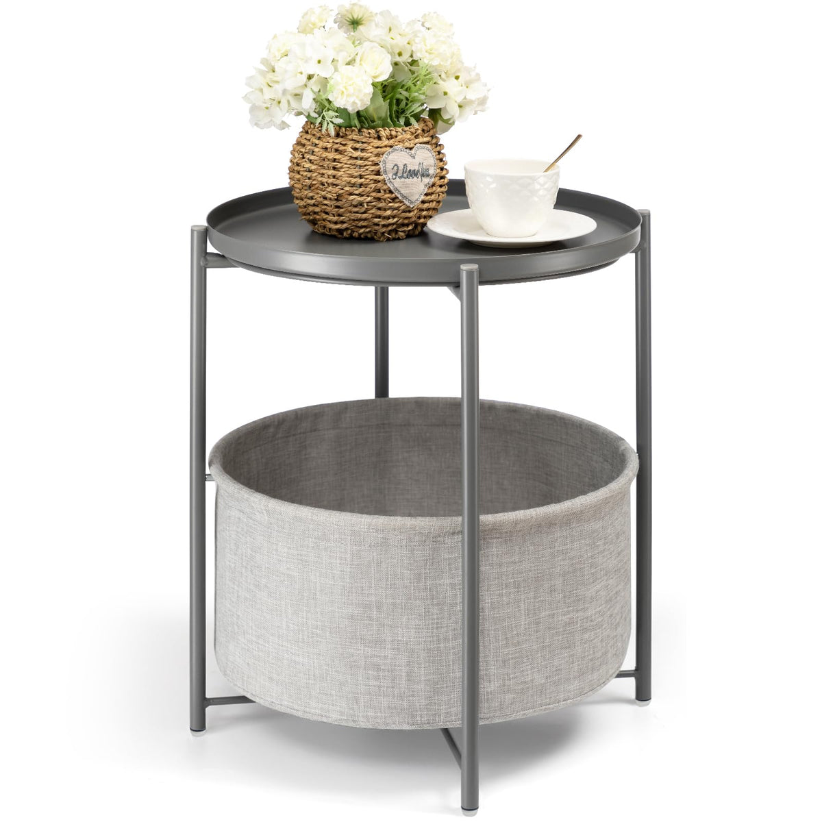 danpinera Round Side Table with Fabric Storage Basket,Small Sofa Table