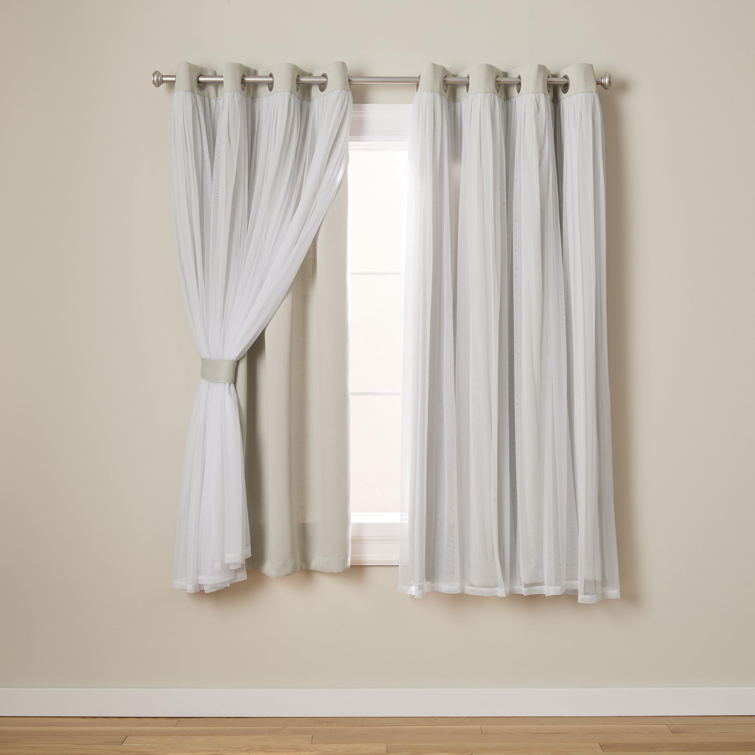 TOWN & COUNTRY LUXE Exclusive Home Catarina Layered Solid Room Darkening Blackout and Sheer Grommet Top Curtain Panel Pair, 52x6
