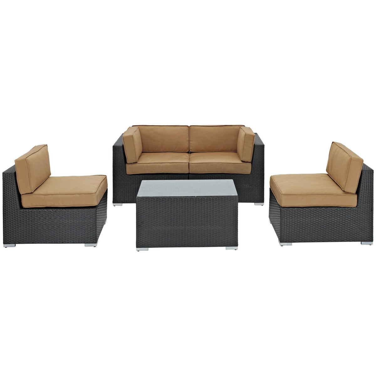 Lexmod Camfora Outdoor Wicker Patio 5-Piece Sofa Set In Espresso With Mocha Cushions