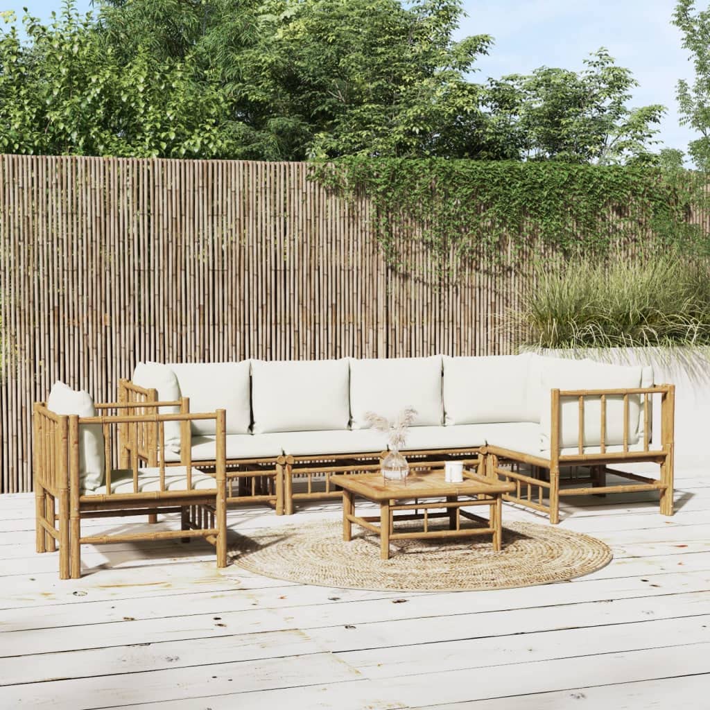 vidaXL Bamboo Outdoor Patio Lounge Set, 7 Piece - Cream White Cushions - Flexible and Strong - Modular Design- Suitable for Garden, Poolside, and Balcony Use