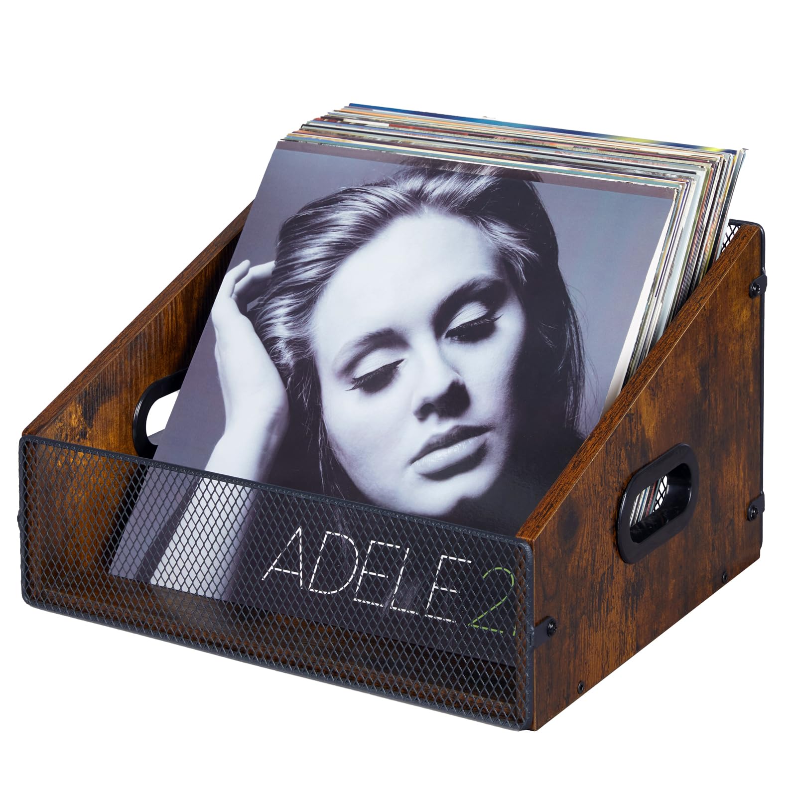 Yuzehuaza Vinyl Record Storage Holder, Trapezoidal Lp Vinyl Record Crate With Handle, Wood & Metal Album Storage Desktop Organiz