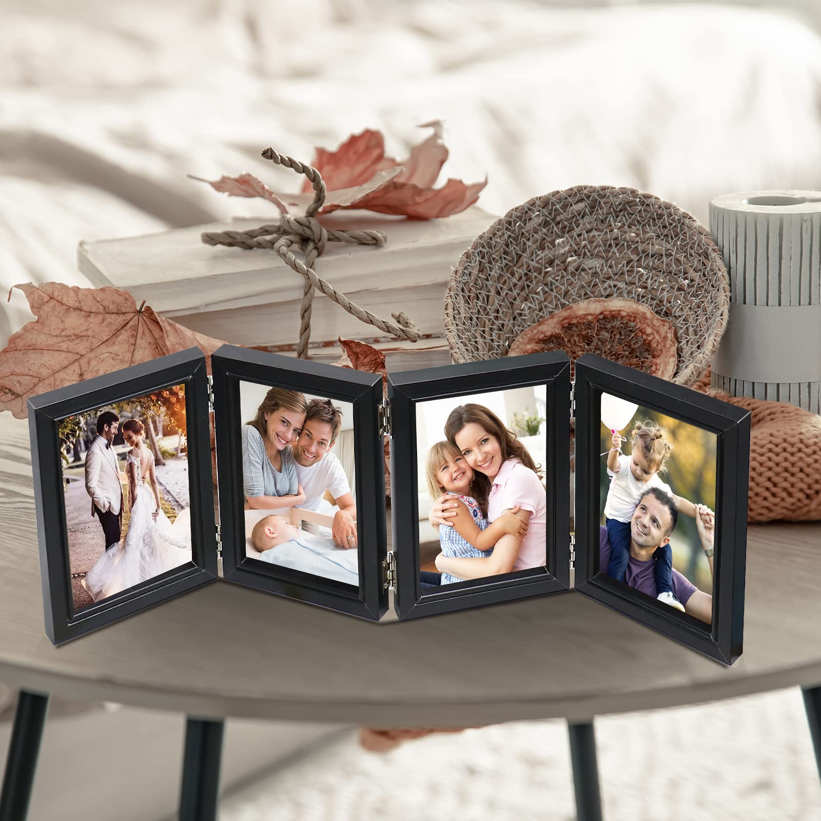Poilkmni 4 Folding 4X6 Inch Hinged Picture Frame High Definition Natural Wood Picture Frame Rustic Desktop Acrylic Frame Family