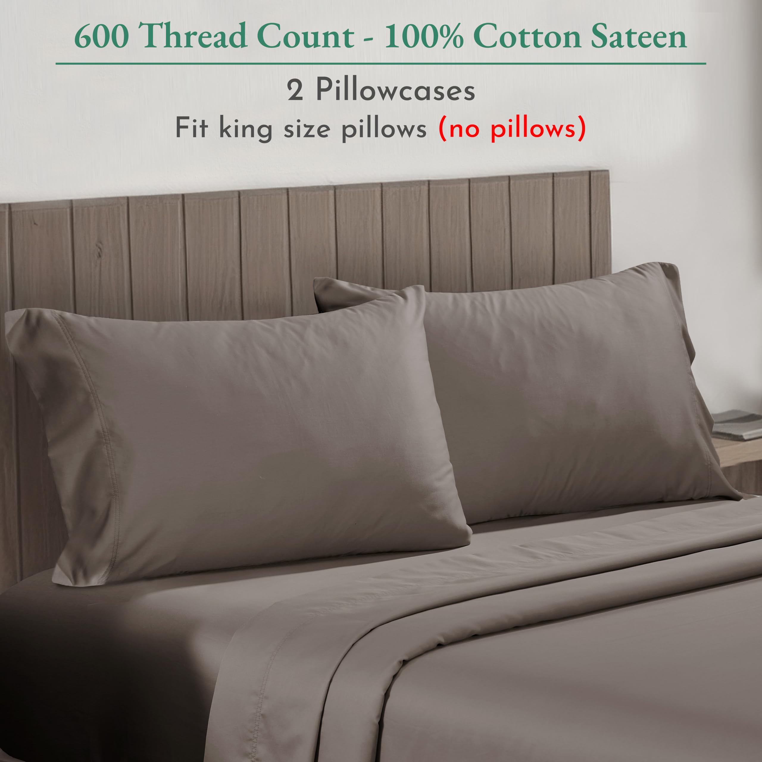 California Design Den Luxuriously Soft Hotel Quality 600 Thread Count, 100% Cotton King Size Pillowcases Set Of 2, Crisp & Cool Fits King Size Pillows (Brown)