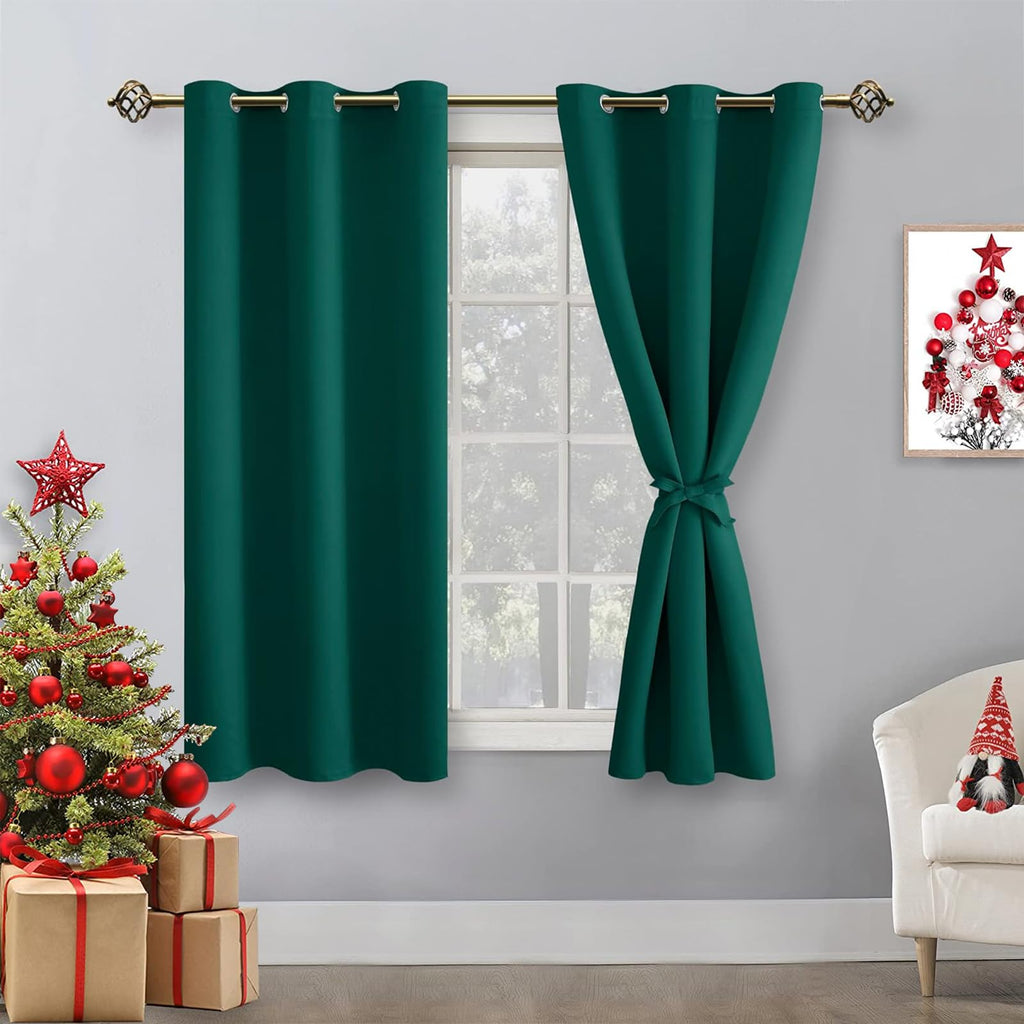 Hiasan Christmas Blackout Curtains For Bedroom - Thermal Insulated & Energy Saving Window Curtains For Living Room, 2 Drape Panels Sewn With Tiebacks, Hunter Green, 42 X 54 Inch