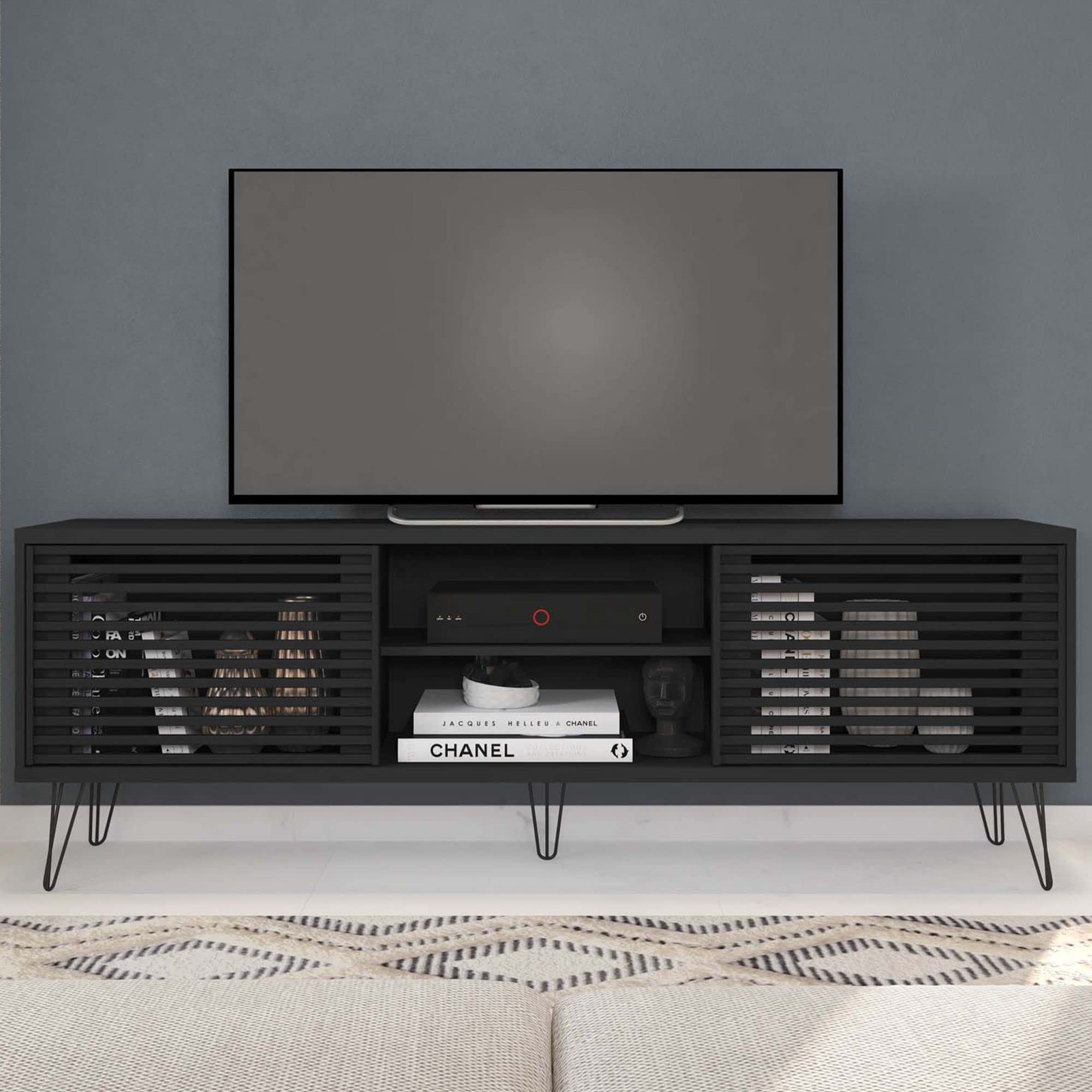 Woodpeckers Furniture And Mattress Frizz Mid-Century Modern TV Stand for 70 Inch TV (Black)