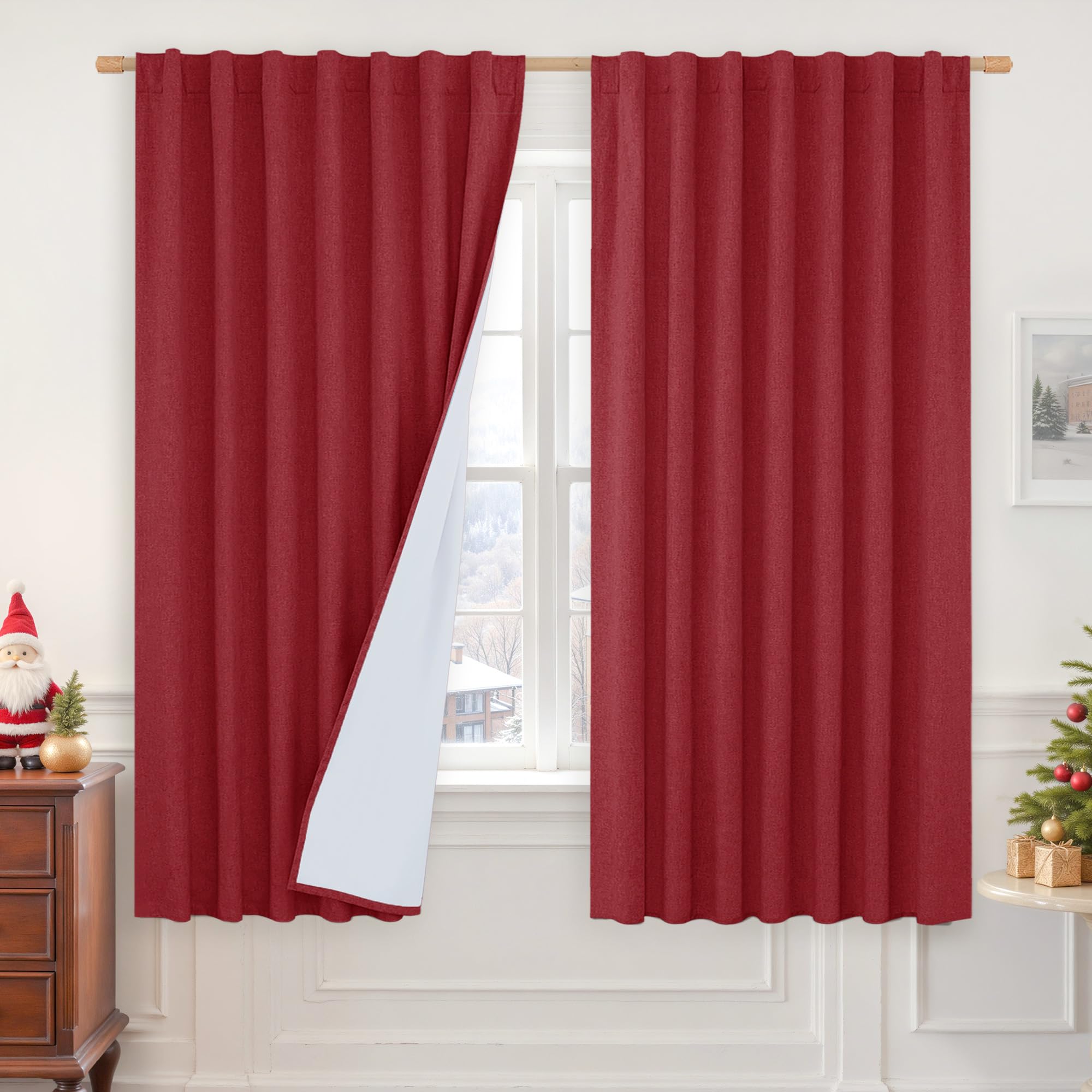 LAMIT 100% Blackout Linen Curtains 63 Inches Long, Linen Textured Living Room Christmas Panels Curtains Full Room Darkening Back