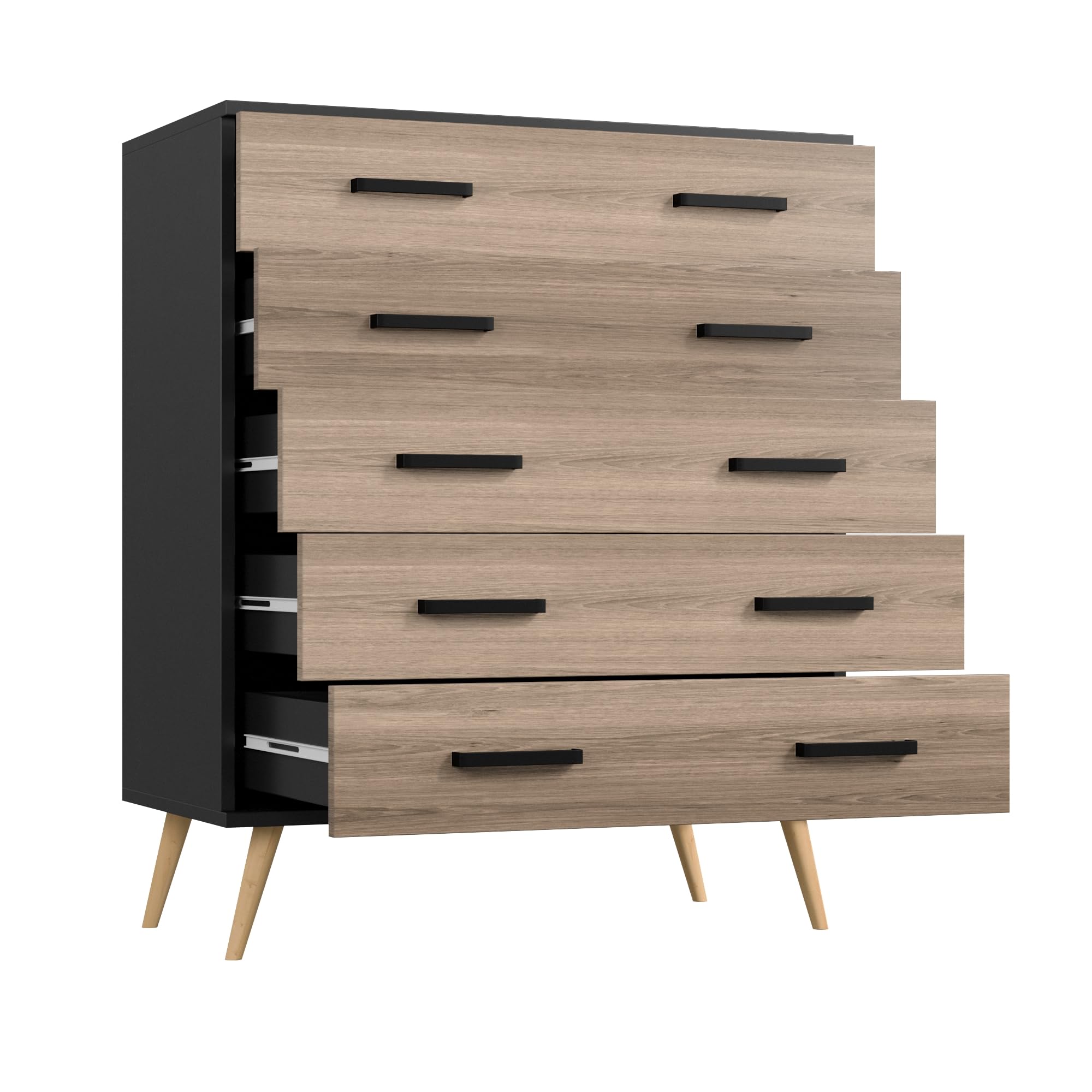 Woodpeckers Furniture And Mattress Eli Mid-Century Modern 5 Drawer Chest (Black & Sonoma Oak)