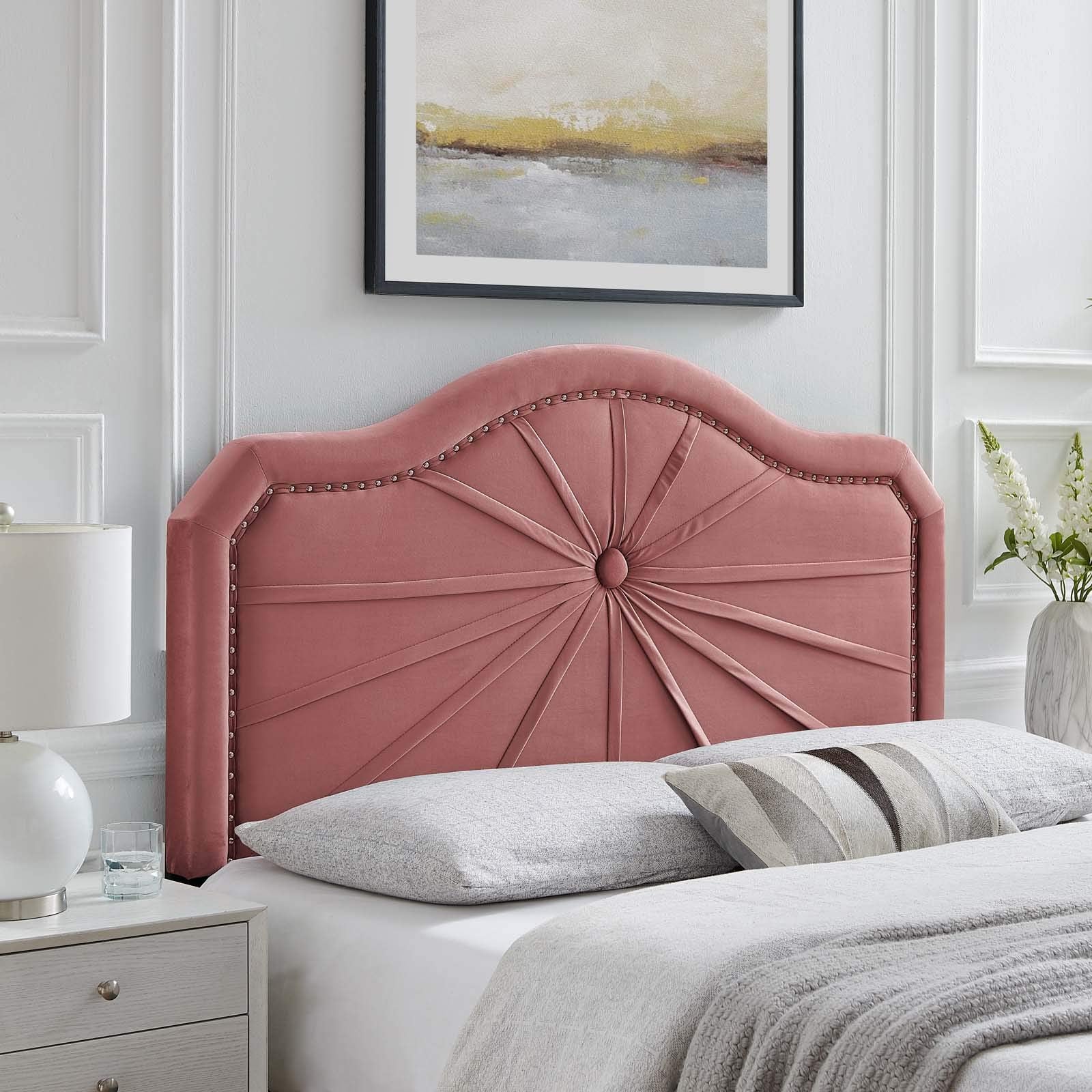 Modway Kristin Pleated Performance Velvet King/California King Headboard in Dusty Rose with Nailhead Trim