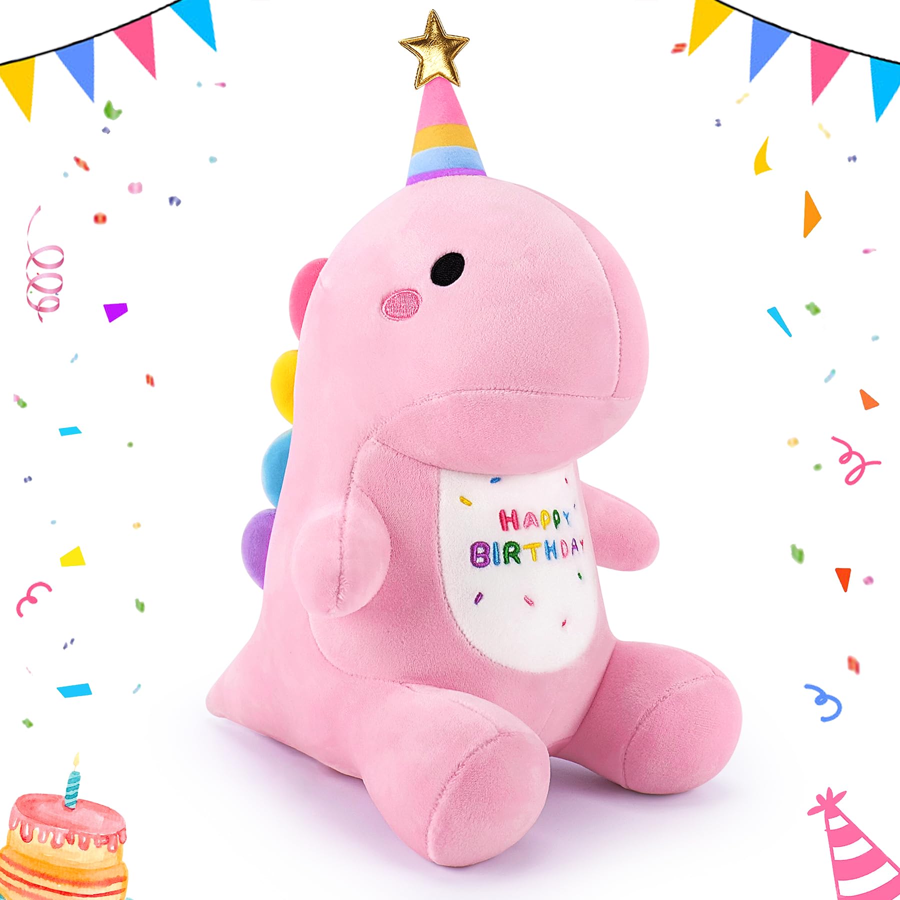 Pink Happy Birthday Dinosaur Stuffed Animal, 11.8' Kawaii Soft Dino Plush Toys, Dinosaur Plushir Birthday Gift For Her Girls Bo