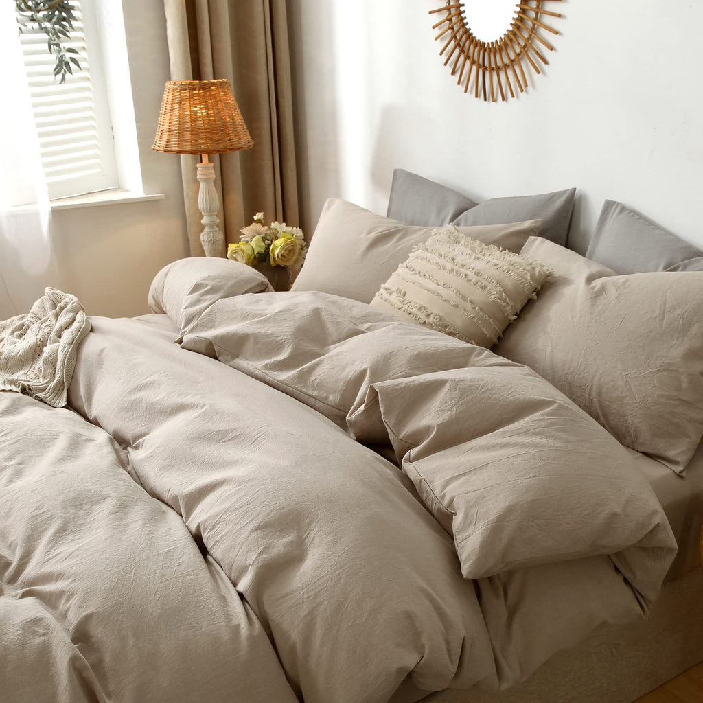 Moomee Bedding Duvet Cover Set 100% Washed Cotton Linen Like Textured Breathable Durable Soft Comfy (Taupe, Twin)
