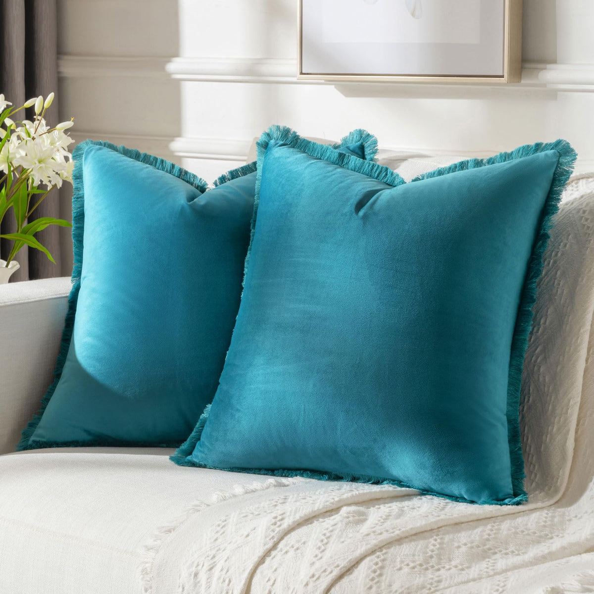 FUTEI Teal Boho Throw Pillow Covers with Tassels 18x18 Inch Set of 2,Soft Velvet Decorative Cushion Case,Home Decor for Couch Be