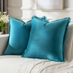 FUTEI Teal Boho Throw Pillow Covers with Tassels 24x24 Inch Set of 2,Soft Velvet Decorative Euro Pillow Shams,Home Decor for Cou