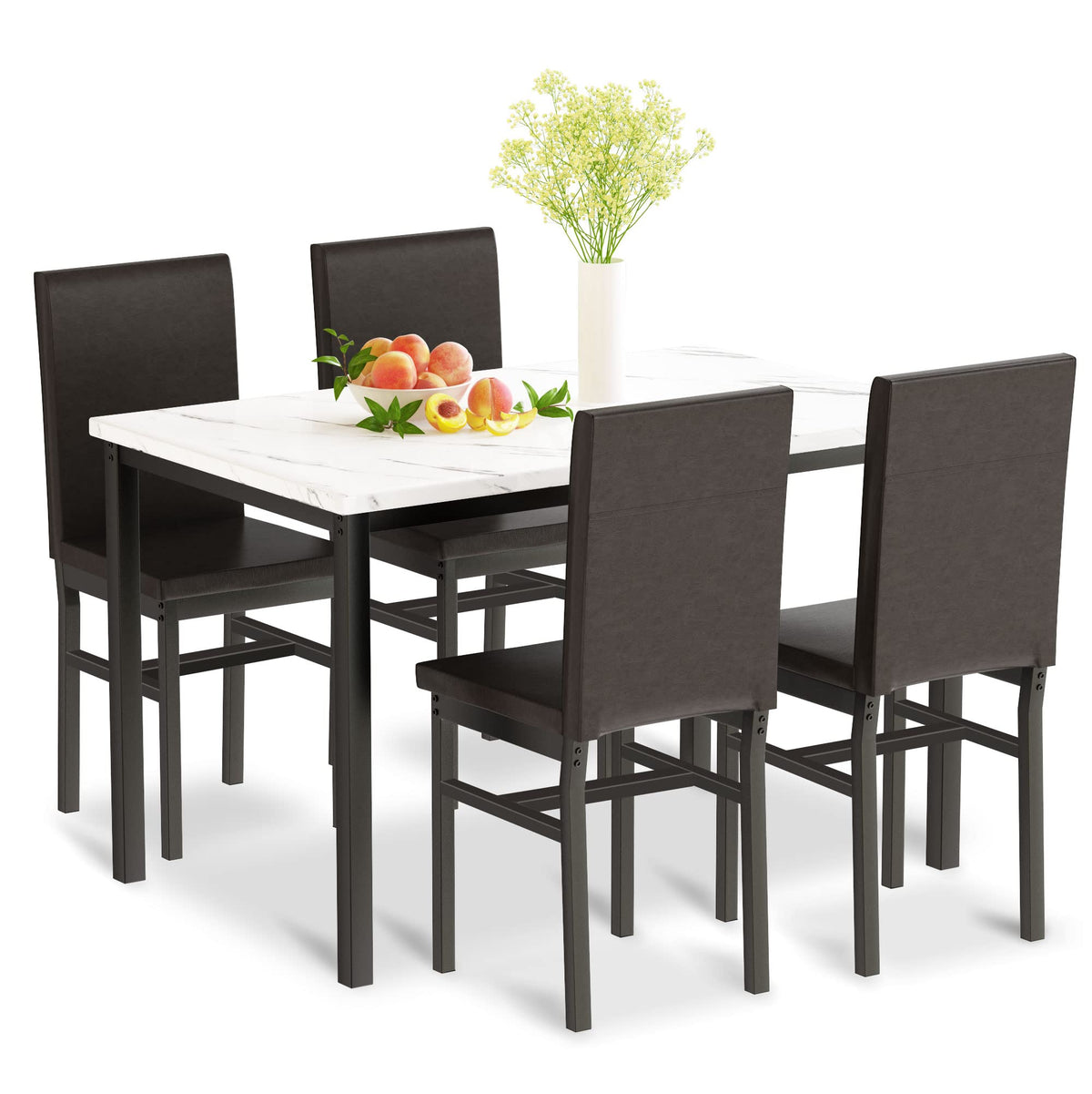 Mieres 5 Pcs Dining Table Set, Faux Marble Diningtableset With 4 Fauxleather Metal Frame Chairs For Kitchen, Bar, Living Room, B