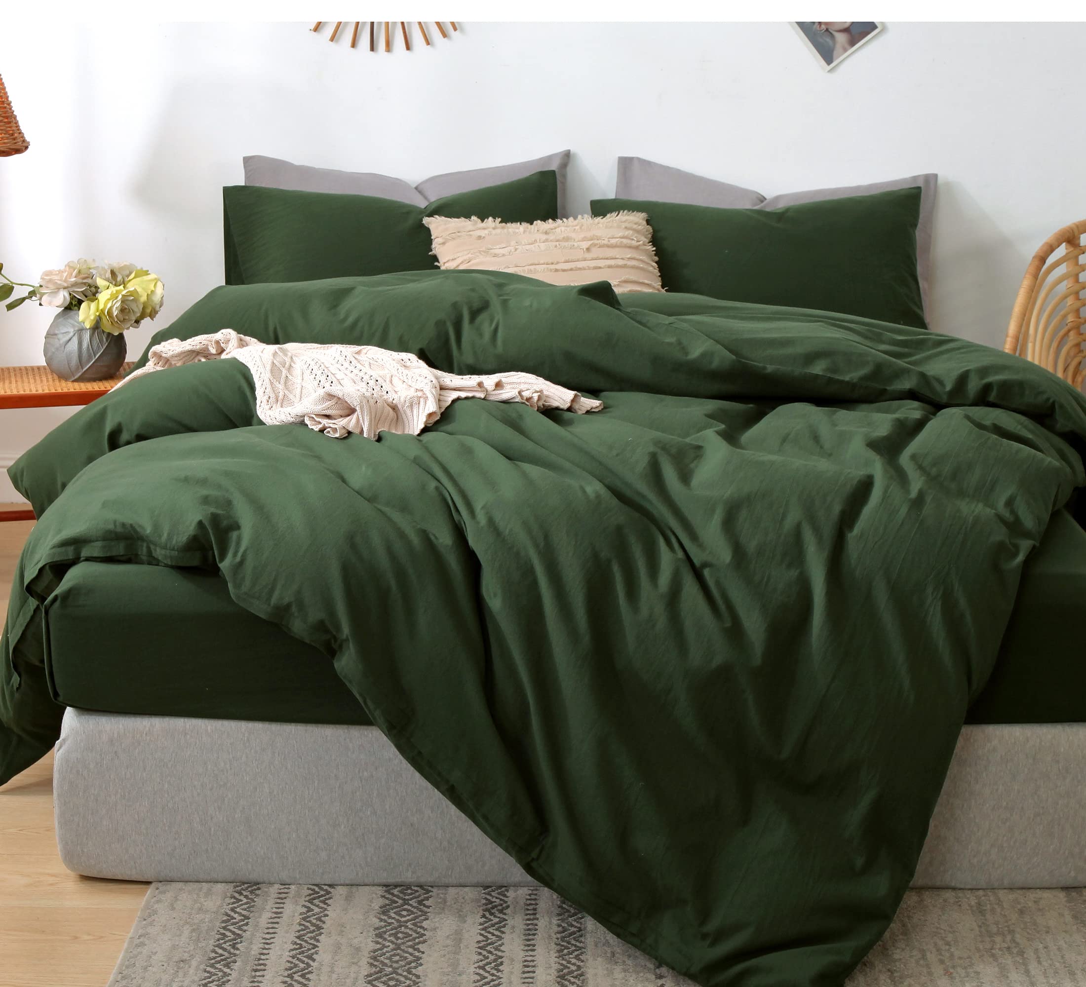 Moomee Bedding Duvet Cover Set 100% Washed Cotton Linen Like Textured Breathable Durable Soft Comfy (Forest Green, Queen)