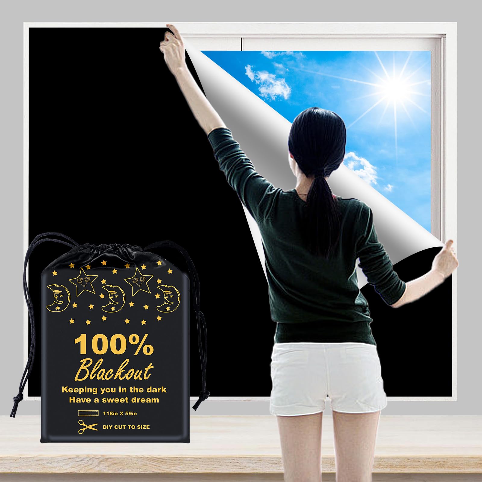 100% Blackout Blind Curtains Window Cover [XXL Size 118''x 59'' ] [DIY Cut to Any Size or Shape] [Hook&Loop Tabs][Portable Bags 