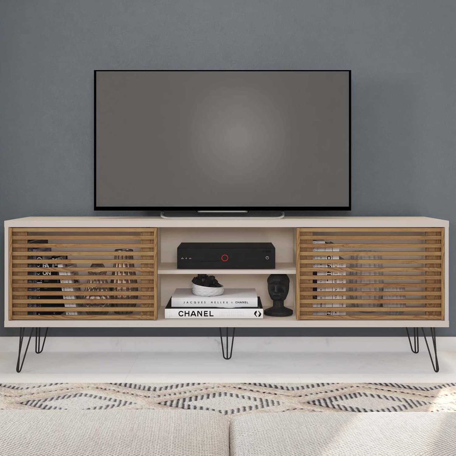 Better Home Products Frizz Mid-Century Modern TV Stand for up to 70 Inches TV in Off White and Natural Oak (Buriti) / Easy Assembly
