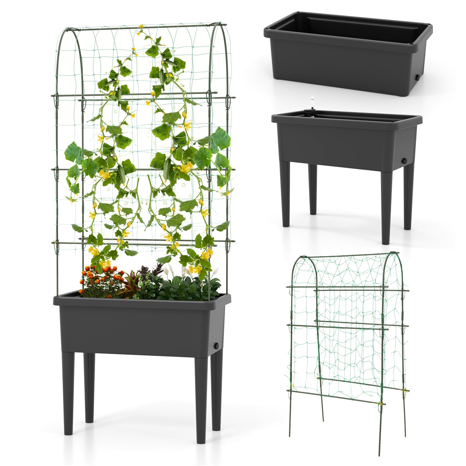 Giantex Raised Garden Bed With Climbing Trellis, Self-Watering Elevated Planter Water Level Indicator & Drainage Hole, Plant Rai