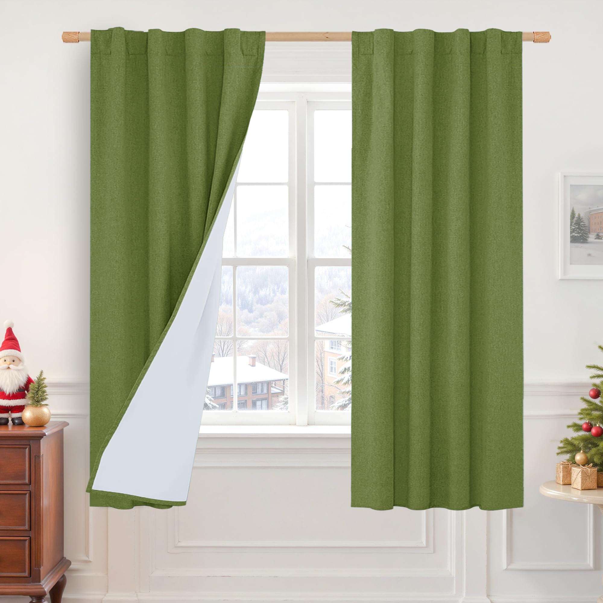 LAMIT Olive Green 100% Blackout Linen Curtains, 63 Inches Linen Textured Thermal Bedroom Drapes Back Tab and Rod Pocket Christma
