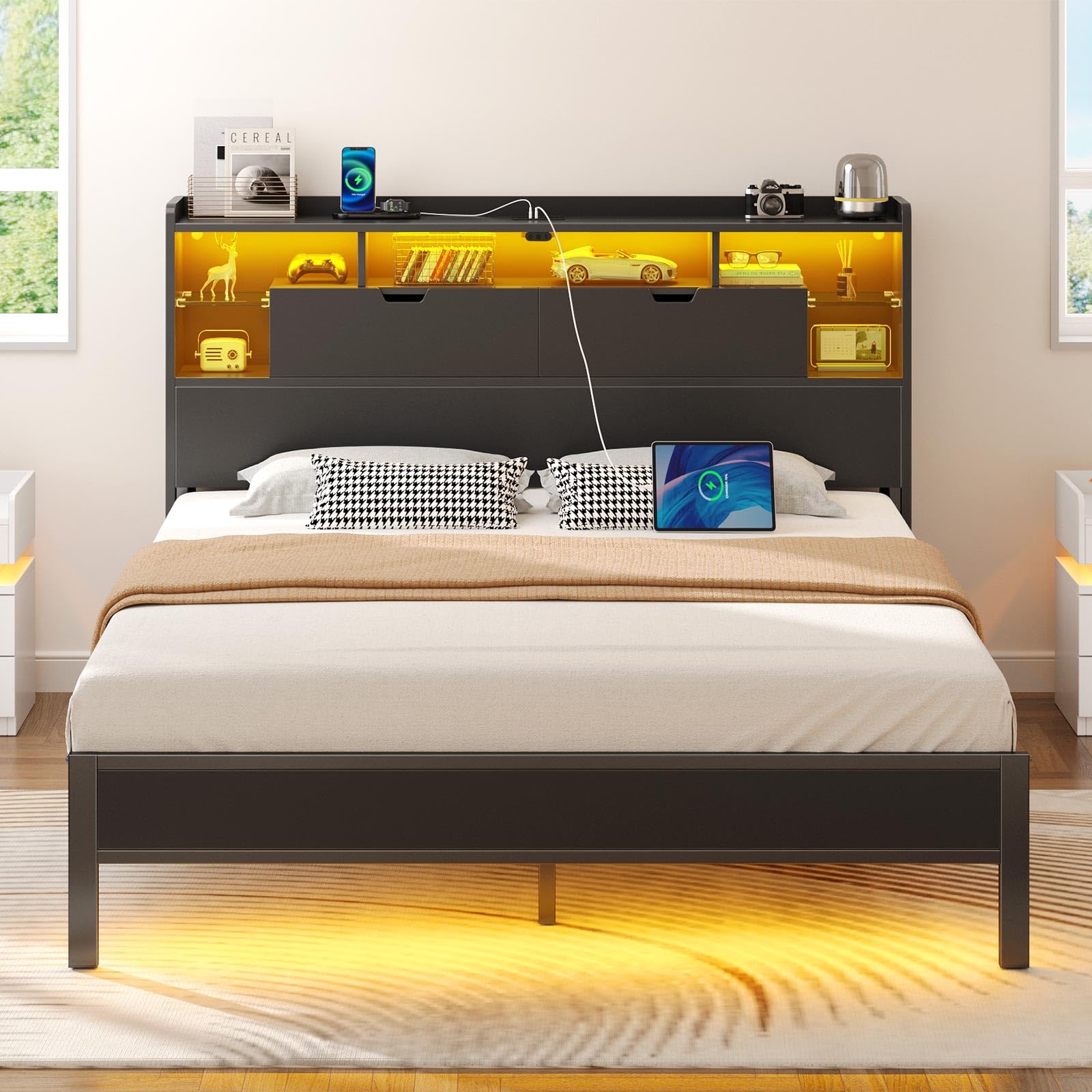 Rolanstar Queen Bed Frame with Headboard, LED Bed with Bookcase Storage and Charging Station, Metal Platform Bed with Glass Shel