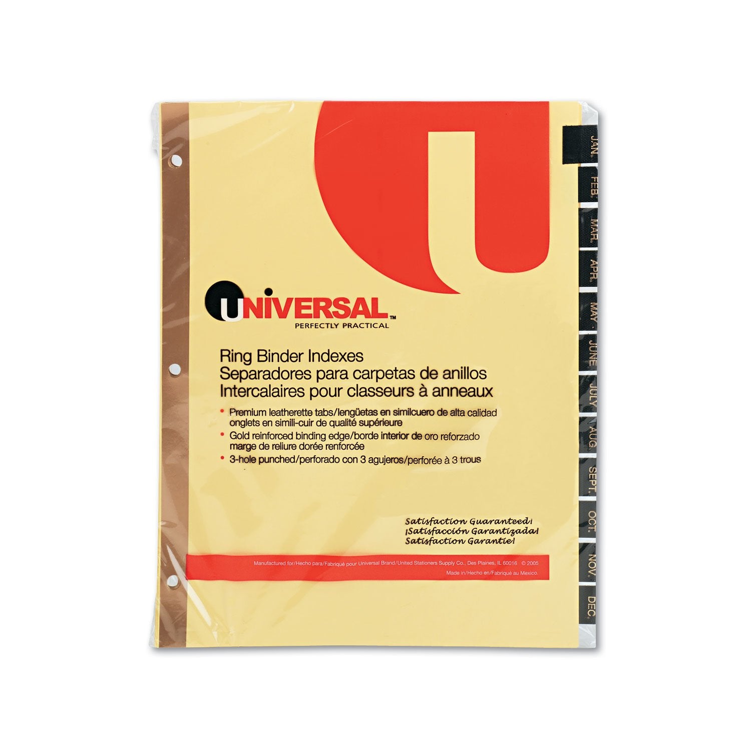 Universal Leather-Look Mylar Tab Dividers, 12 Month Tabs, Letter, Black/Gold, 12 Per Set