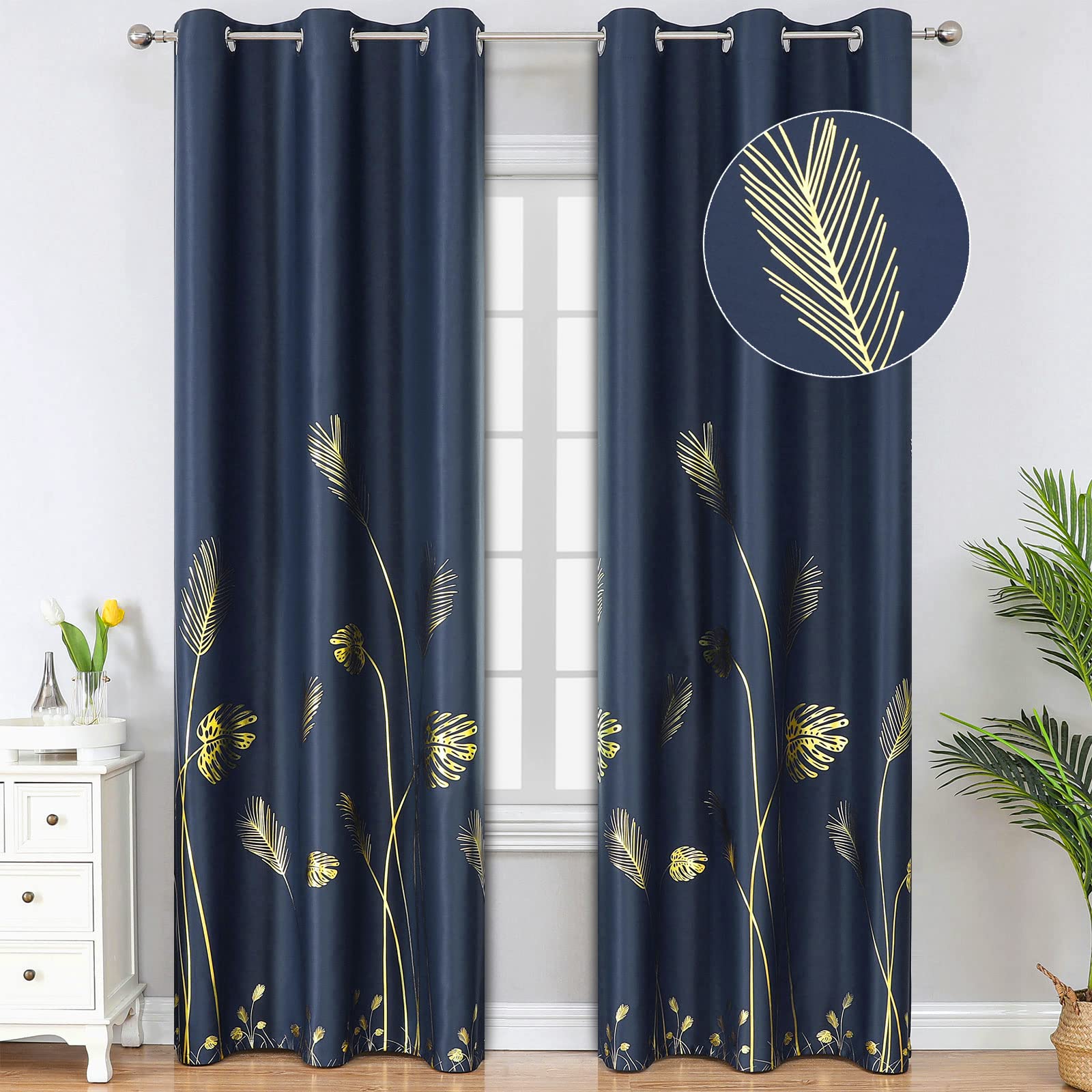 Estelar Textiler Navy Blue Blackout Curtains 84 Inches Length Window Thermal Insulated Curtain Panels With Gold Leaf Wheat Print