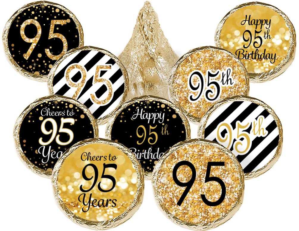 Black And Gold 95Th Birthday Party Favor Chocolate Kisses Candy Stickers - 180 Labels, 95Th Birthday Decorations