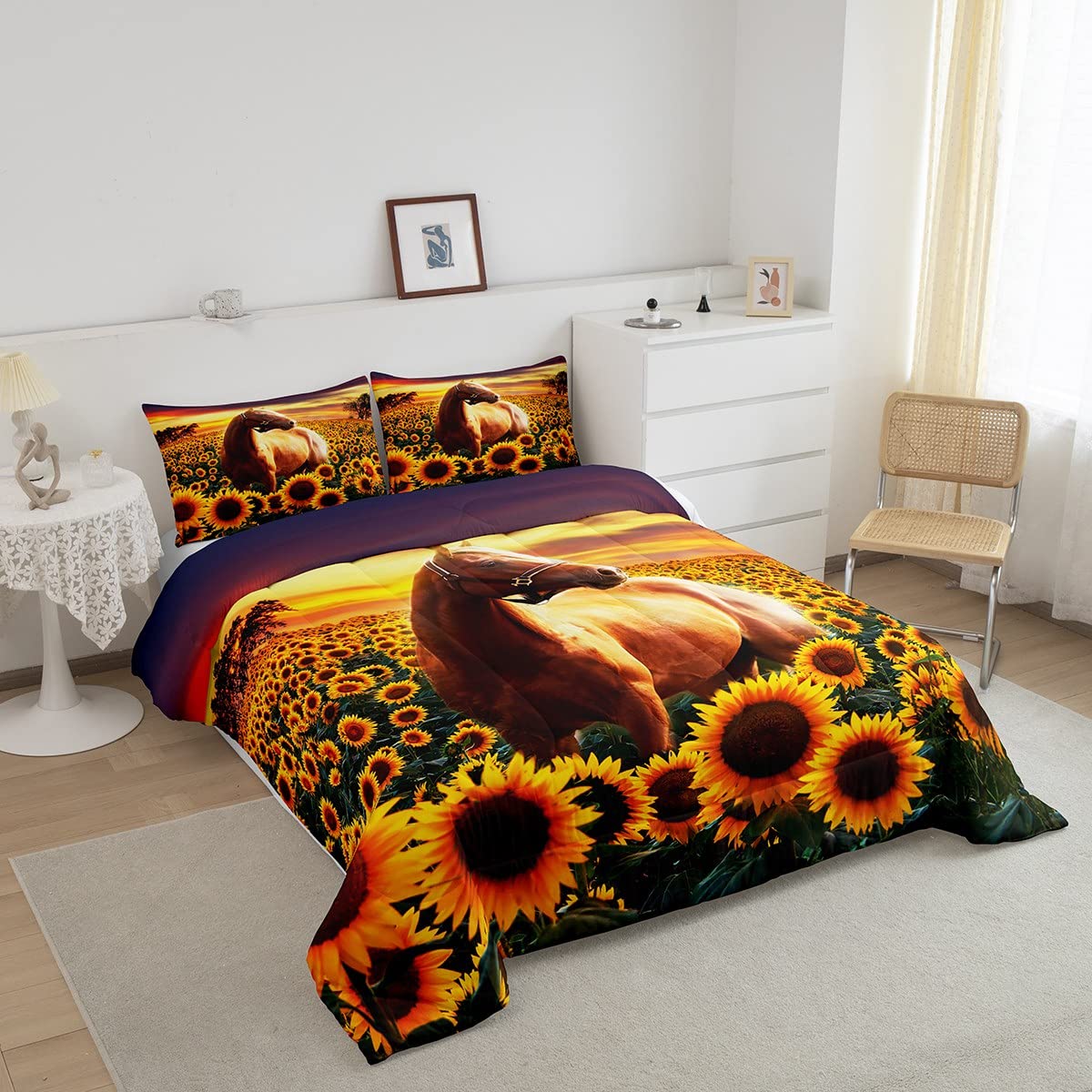 3D Horse Comforter Set For Kids Boys Wild Animal Down Comforter Girls Teen Adult Women Sunflower Quilted Duvet Brown Horse Beddi