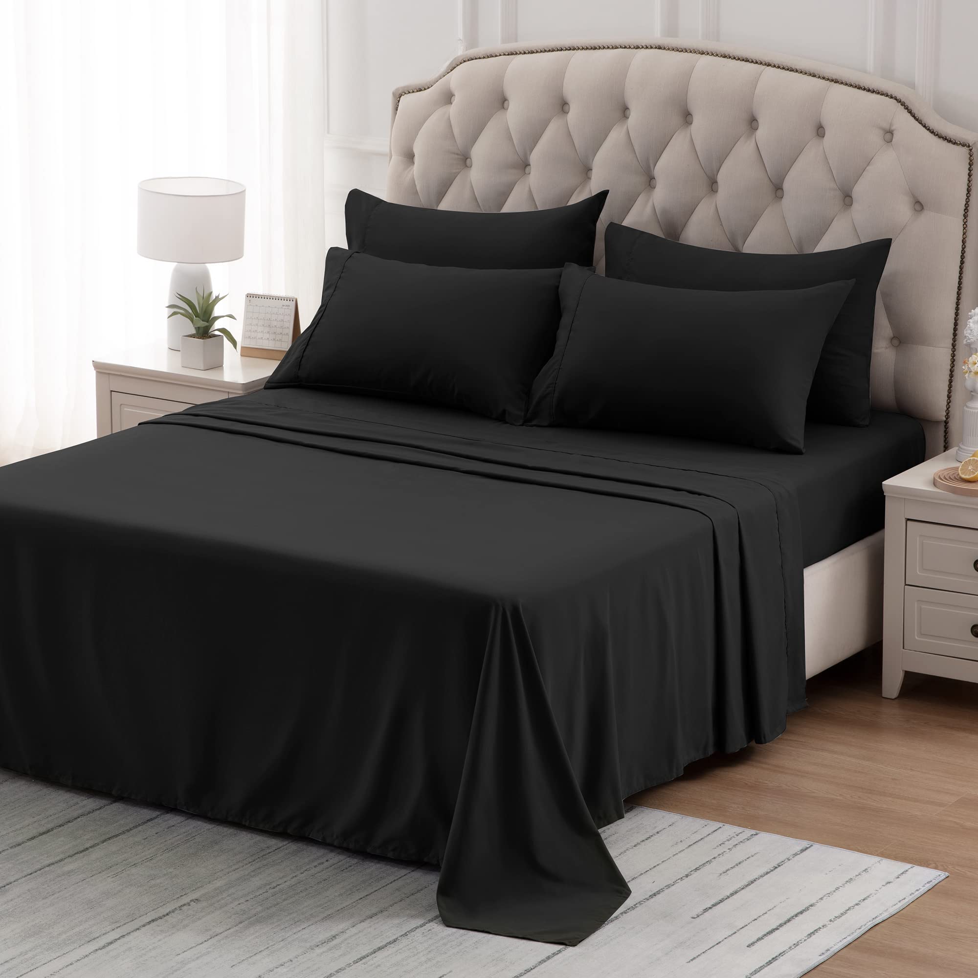 Sleep Zone Nanotex Super Soft Cooling Kids Bed Sheets Set Twin Xl 3 Piece - Easy Care Fitted Flat Sheet & Pillowcase Sets - Wrinkle Free, Fade Resistant, Deep Pocket 16' (Black, Twin Xl)