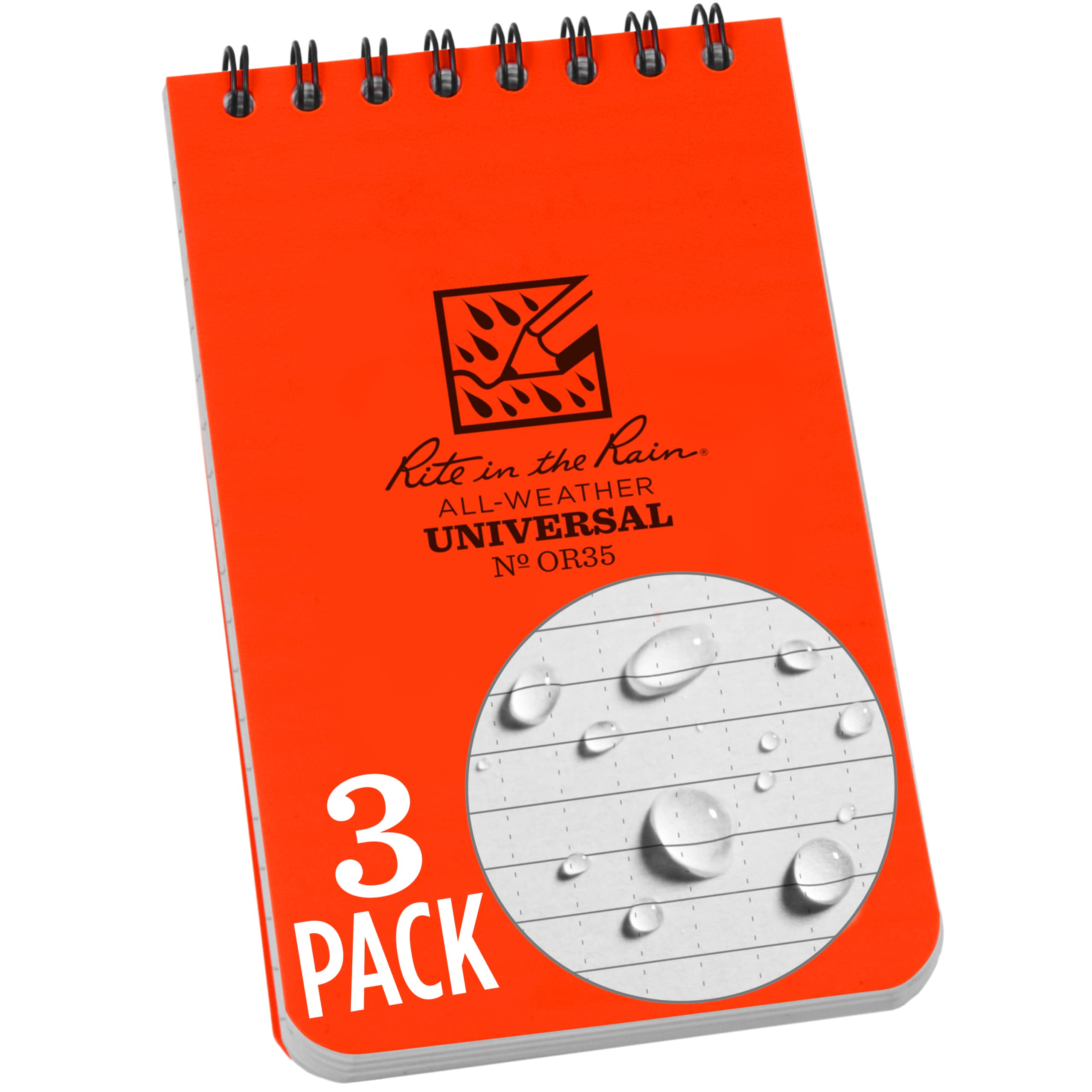 Rite In The Rain Weatherproof Top Spiral Notebook, 3' X 5', Orange Cover, Universal Pattern, 3 Pack (No. Or35-3X)