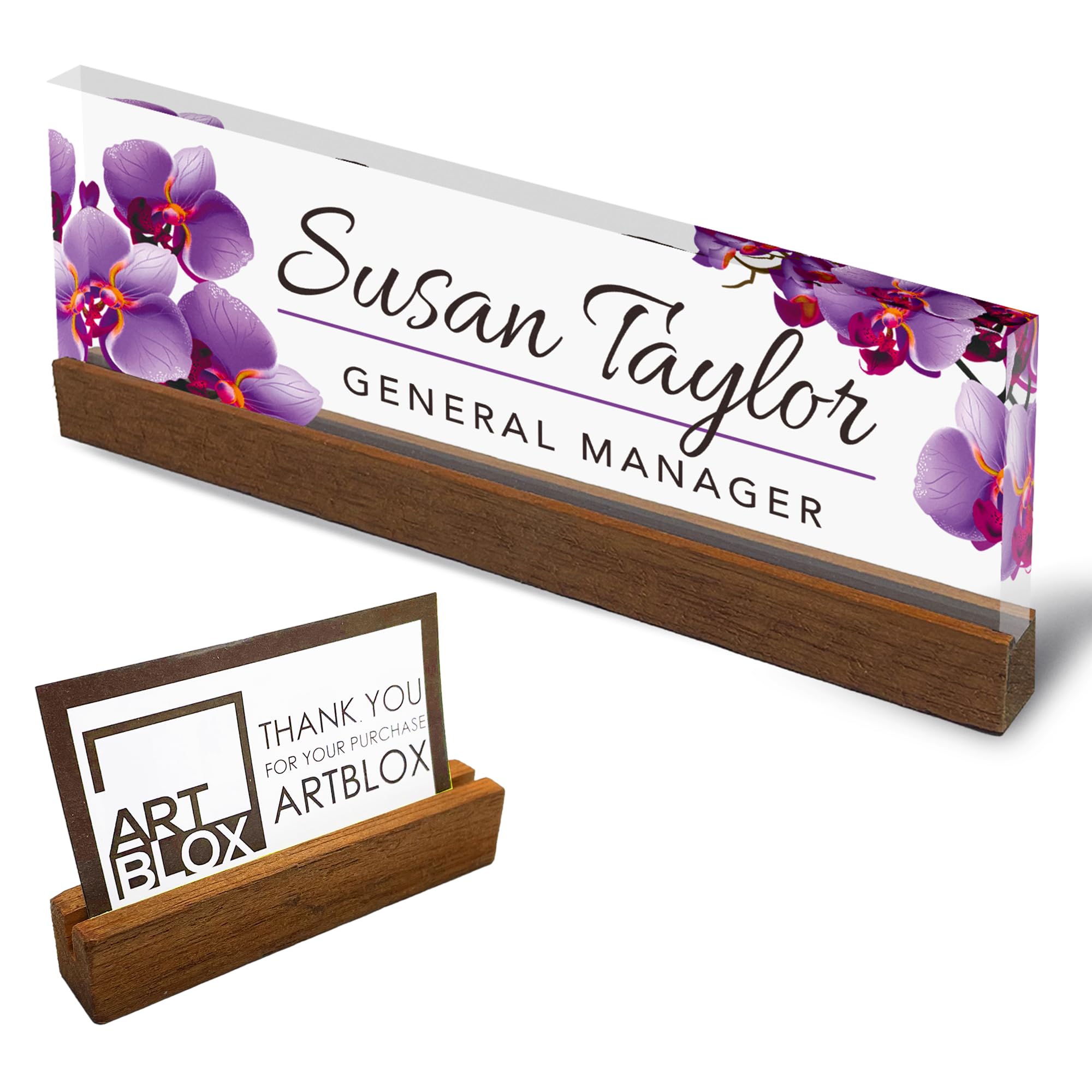Artblox Personalized Office Desk Name Plate And Business Card Holder | Clear Acrylic Glass With Teak Wood Stand | Purple Orchids