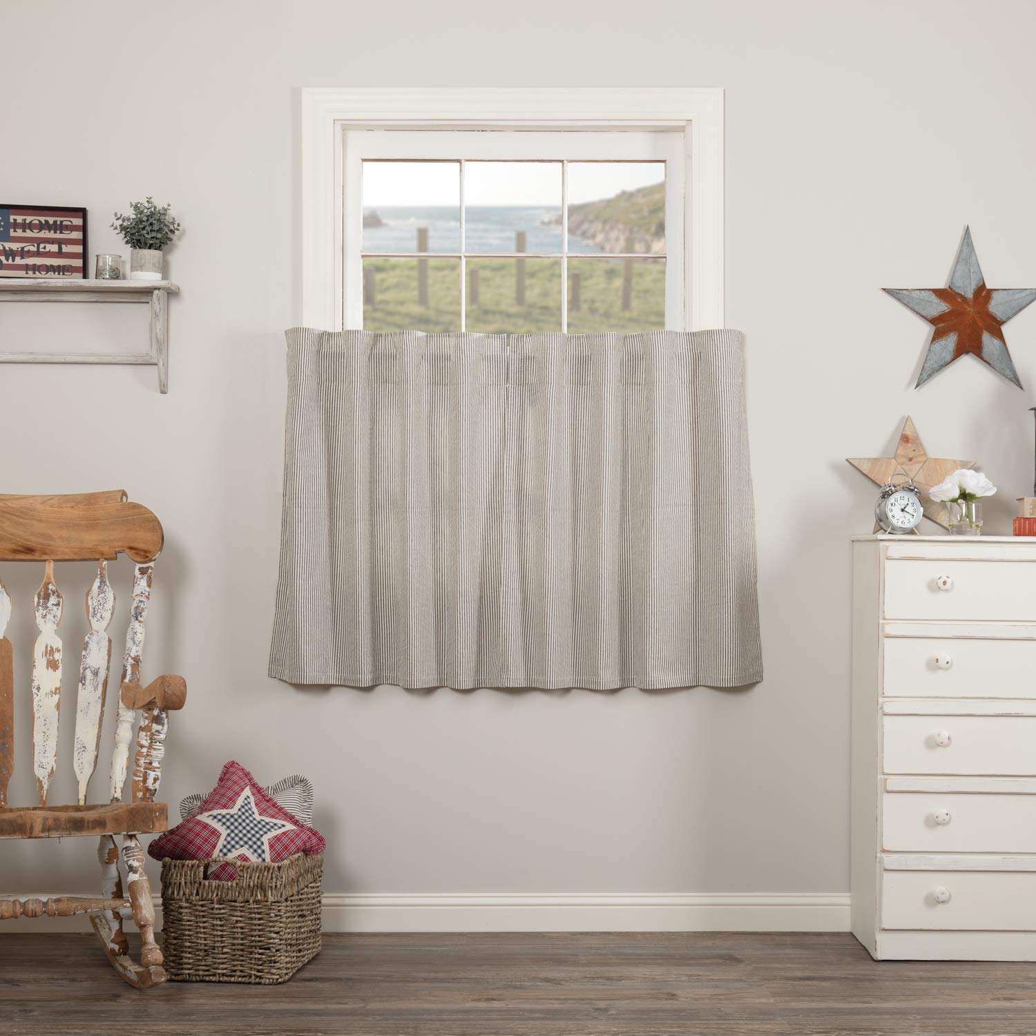Vhc Brands Hatteras Seersucker Ticking Striped Cotton Americana Kitchen Curtains Rod Pocket Hanging Loops 36X36 Tier Pair, Denim