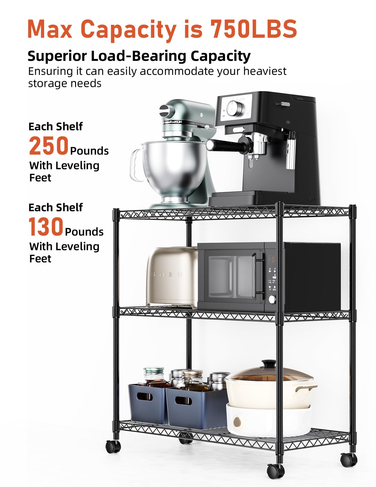 Simple Deluxe 3-Tier Heavy Duty Storage Shelves 750Lb Capacity, 24.02' D X 13.78' W X 31.98' H Shelving Unit For Pantry, Garage, Laundry And Kitchen, Black