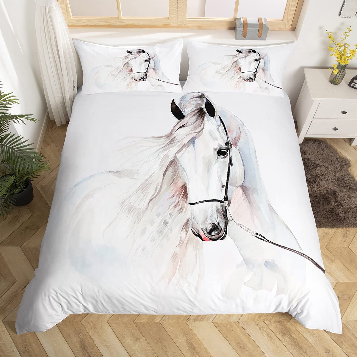 Feelyou White Horse Duvet Cover Set King Size 3D Steed Print Bedding Set Wildlife Comforter Cover Animal Bedspread Cover Microfi
