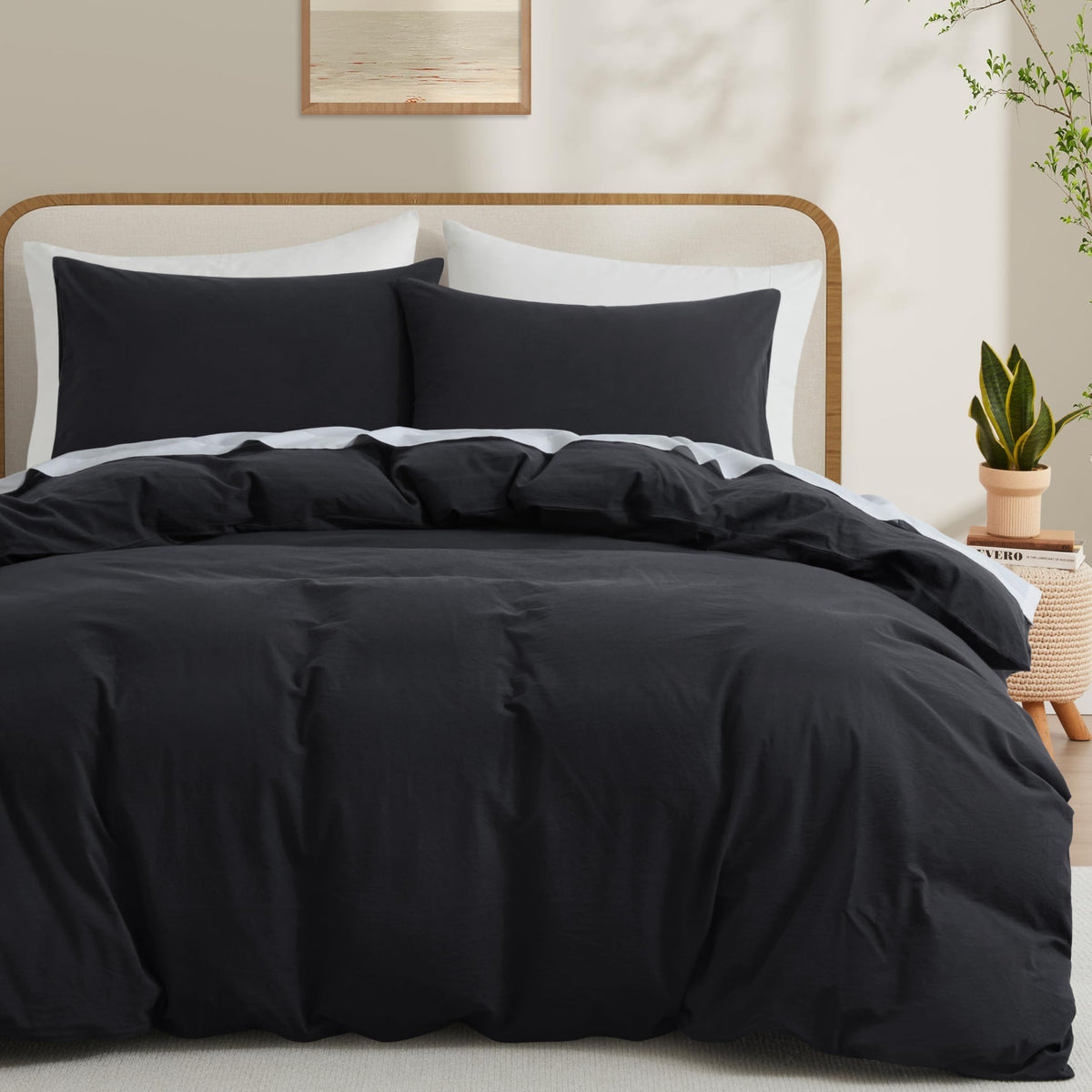 Lovque Black Duvet Cover Full Size, 100% Washed Cotton Linen Like Bedding Set With Zipper Closure (No Comforter), 80X90 Inches