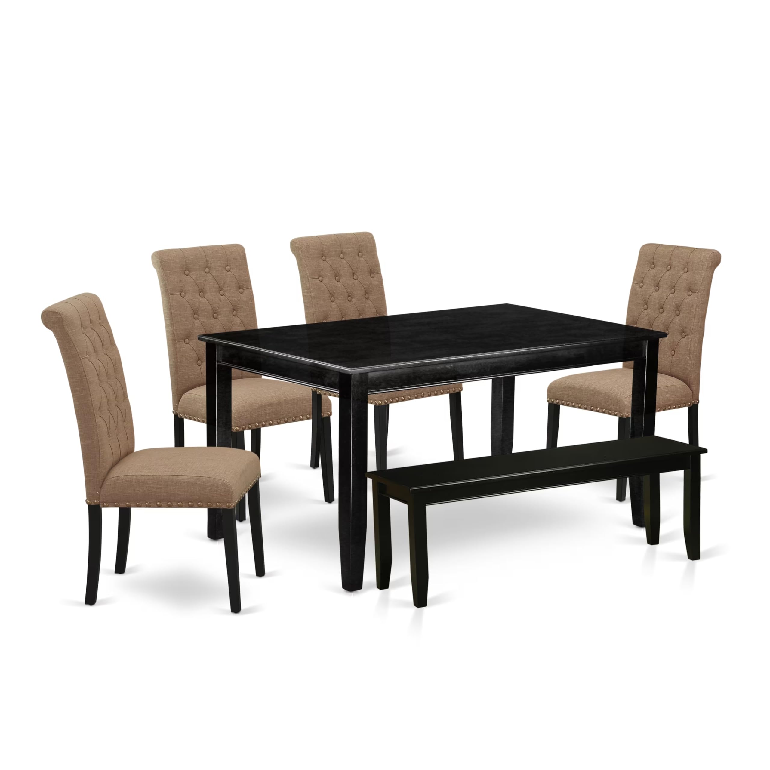 East West Furniture Dubr6-Blk-17 6 Piece Kitchen Table Set Contains A Rectangle Dining Table And 4 Light Sable Linen Fabric Parson Chairs With A Bench, 36X60 Inch, Black