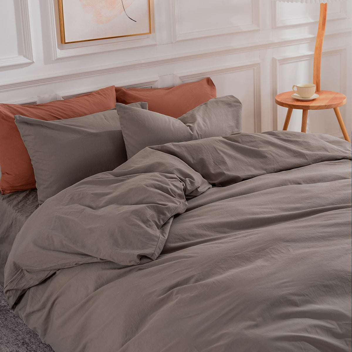 Nexhome Pro Duvet Cover Set Queen Size Linen Look Textured Organic Natural 100% Washed Cotton Duvet Cover Linen Grey 3 Pieces Be