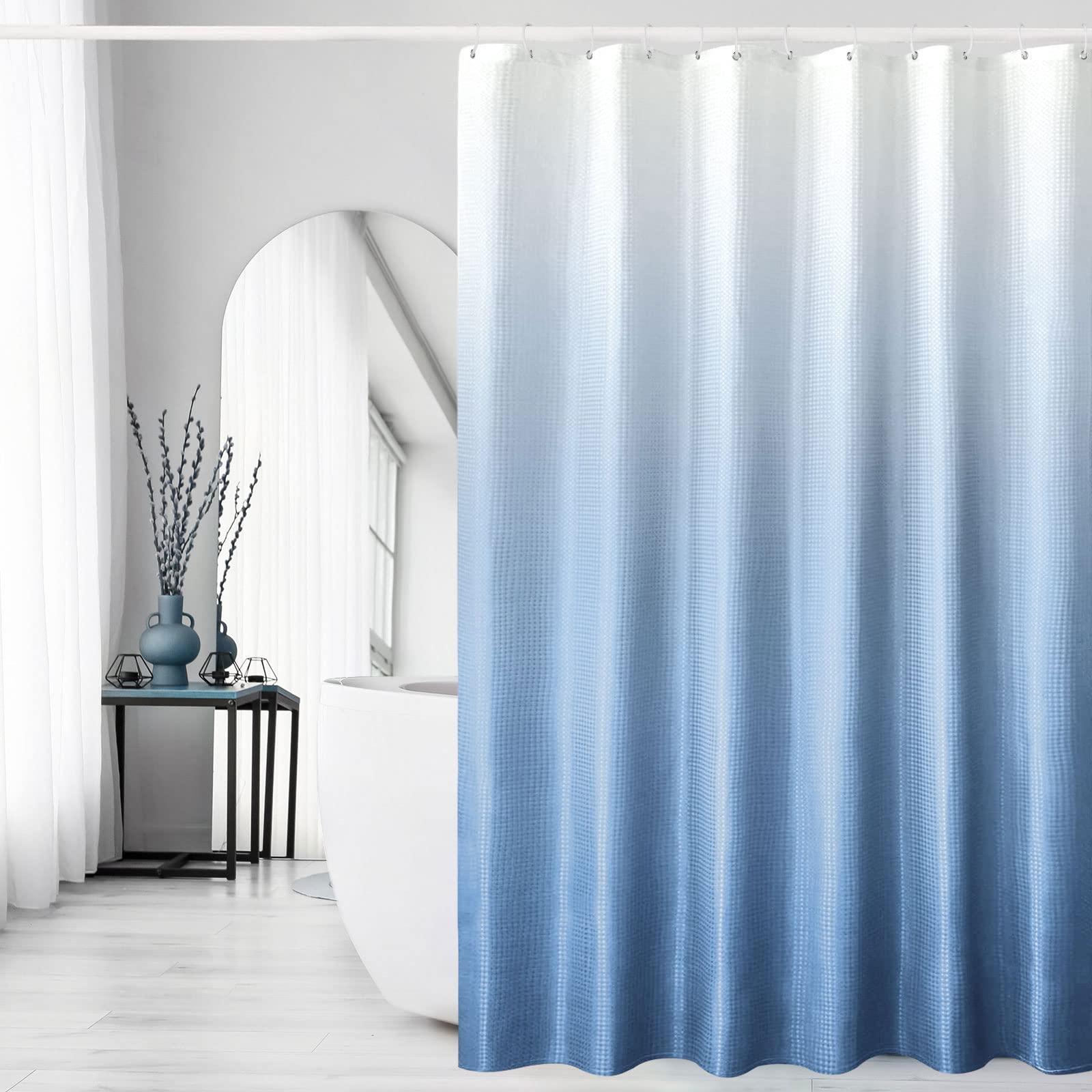 Gibelle Extra Long Shower Curtain 72 x 84, Tall Blue Ombre Shower Curtain for Bathroom, Waffle Weave Fabric Shower Curtain Set w