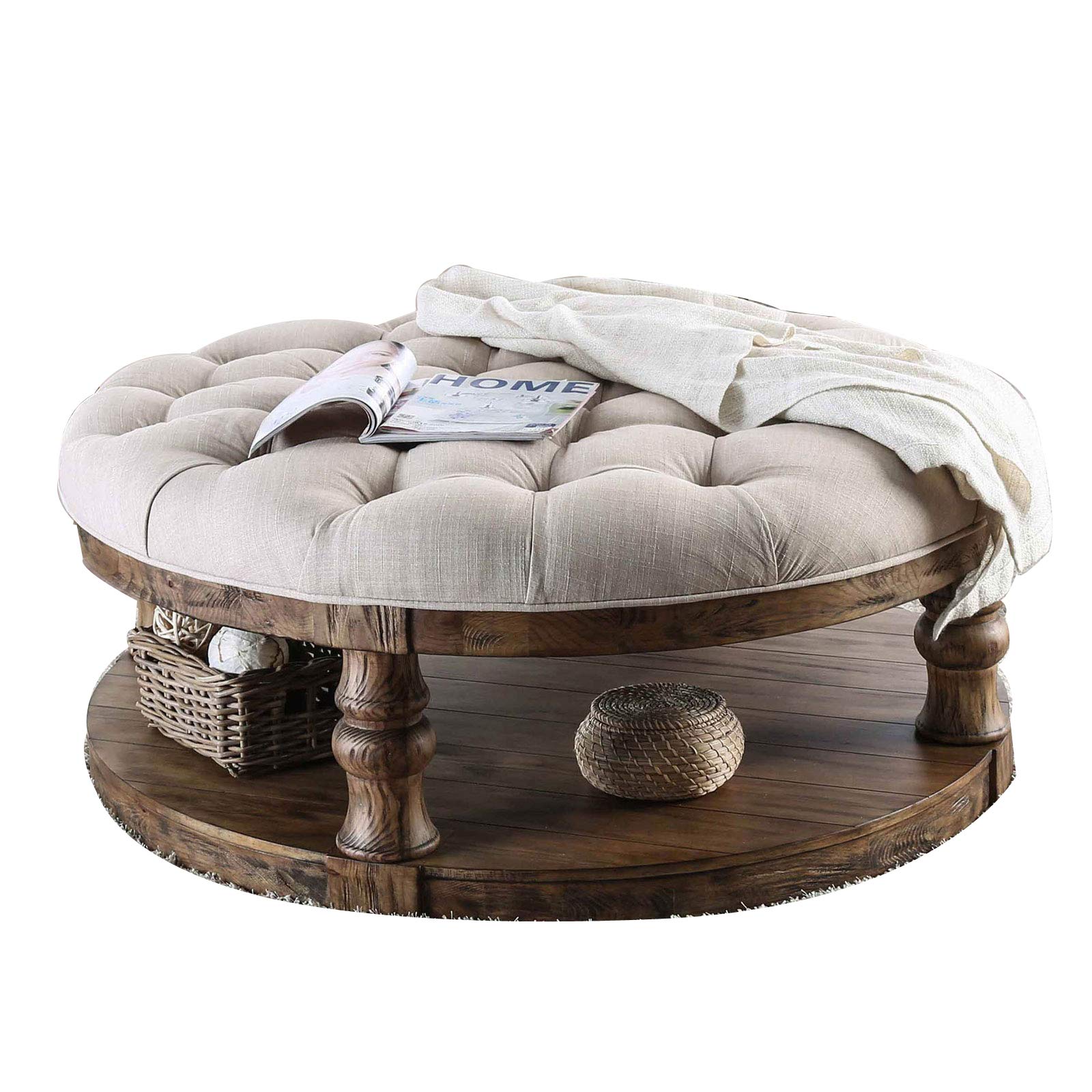 Benjara, Brown And Beige Cushioned Top Wooden Coffee Table With Bottom Shelf