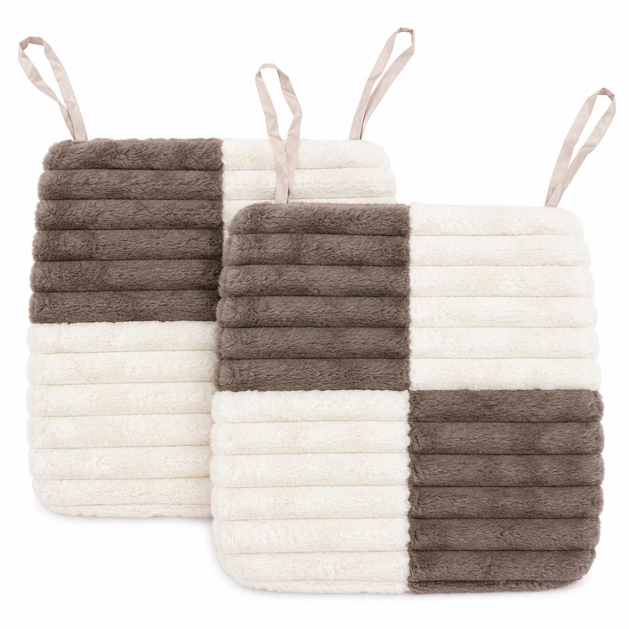 Amazon Brand  Umi Taupe & White Checkerboard Faux Fur Chair Seat Cushions, 16X16 Inch Fluffy Dining Chair Pads With Ties, Foam