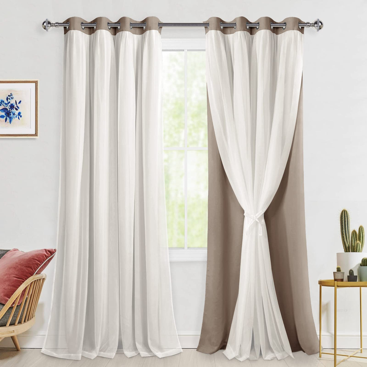Hiasan Blackout Curtains With White Sheer Overlay, Mix & Match Double Layer Thermal Insulated Grommet Window Curtains For Bedroo